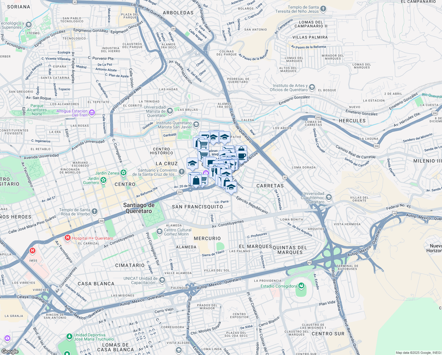 map of restaurants, bars, coffee shops, grocery stores, and more near 1 Calzada de los Arcos in Santiago de Querétaro