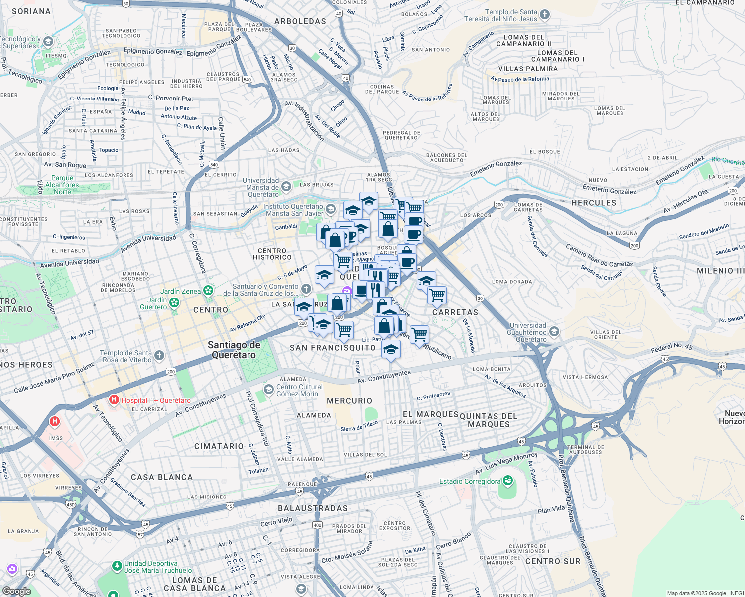 map of restaurants, bars, coffee shops, grocery stores, and more near 1 Calzada de los Arcos in Santiago de Querétaro