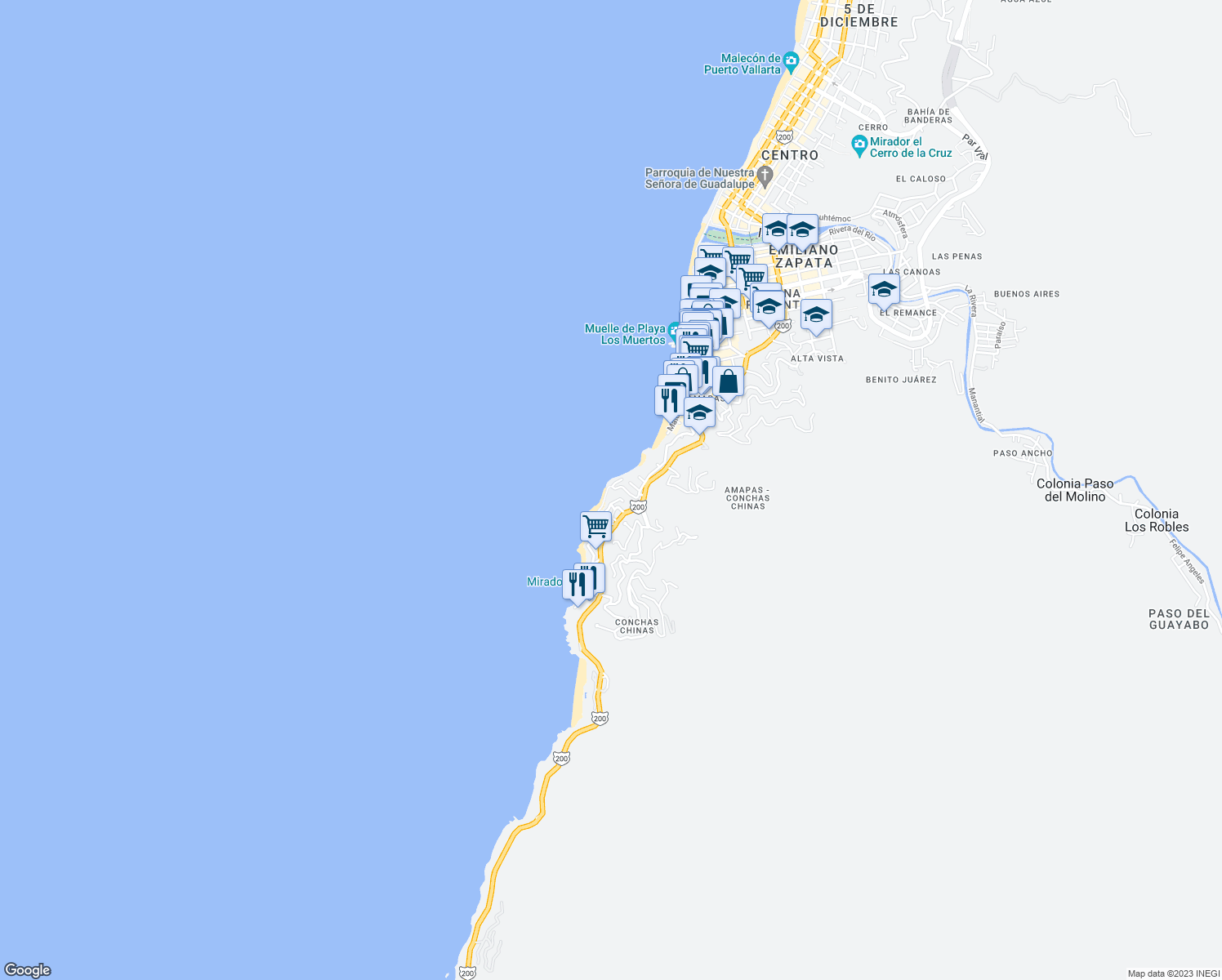 map of restaurants, bars, coffee shops, grocery stores, and more near 115 Calle Cerrada in Puerto Vallarta