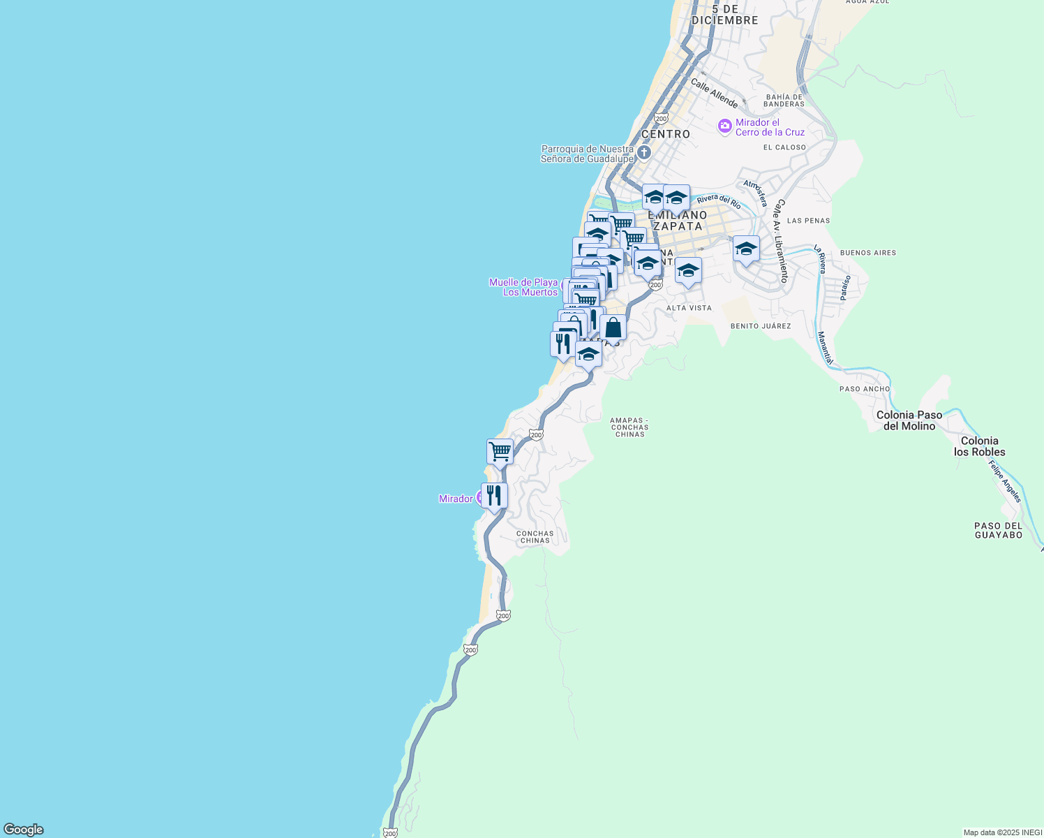 map of restaurants, bars, coffee shops, grocery stores, and more near 117 Amapas in Puerto Vallarta