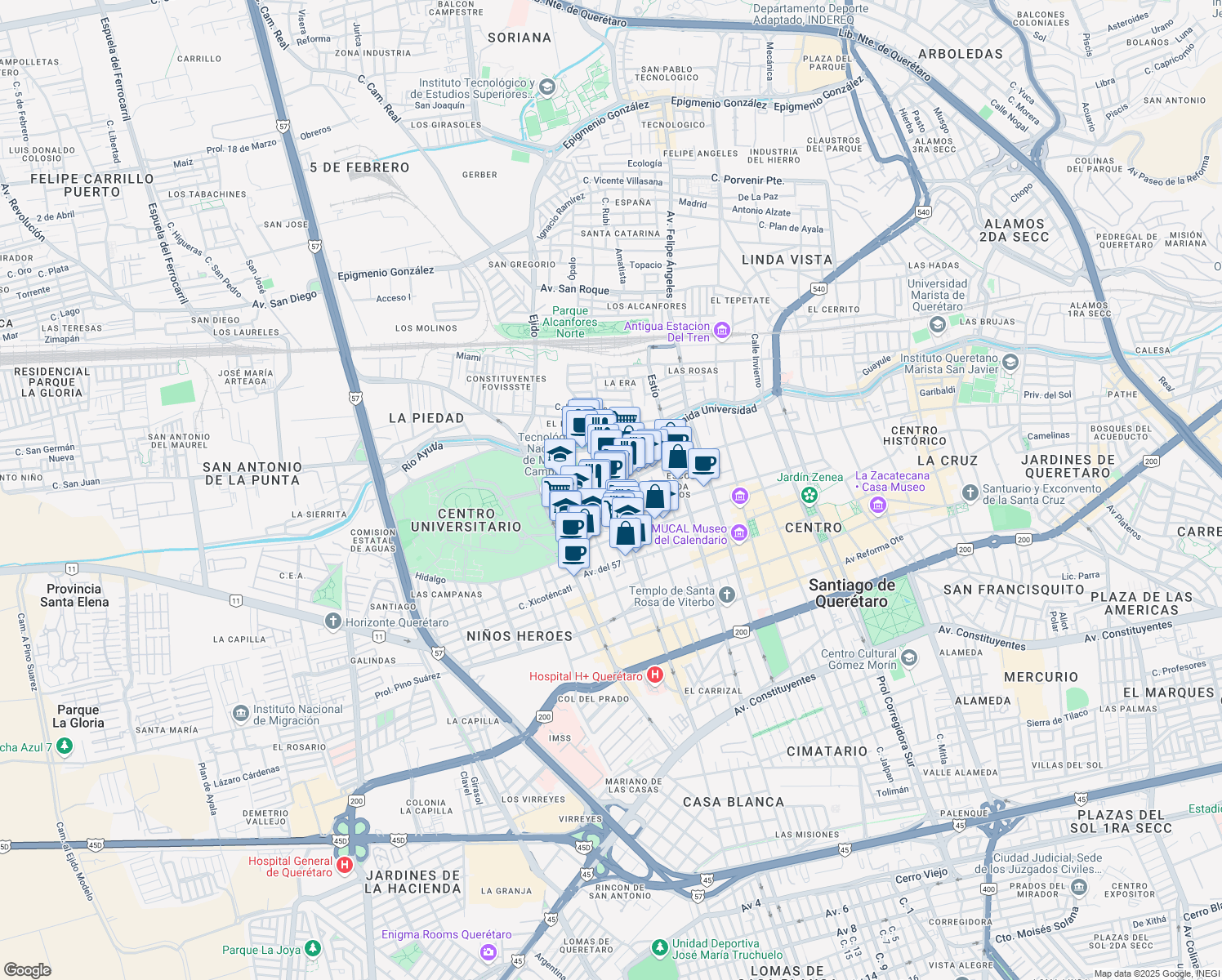 map of restaurants, bars, coffee shops, grocery stores, and more near 228 Calle Mariano Escobedo in Santiago de Querétaro
