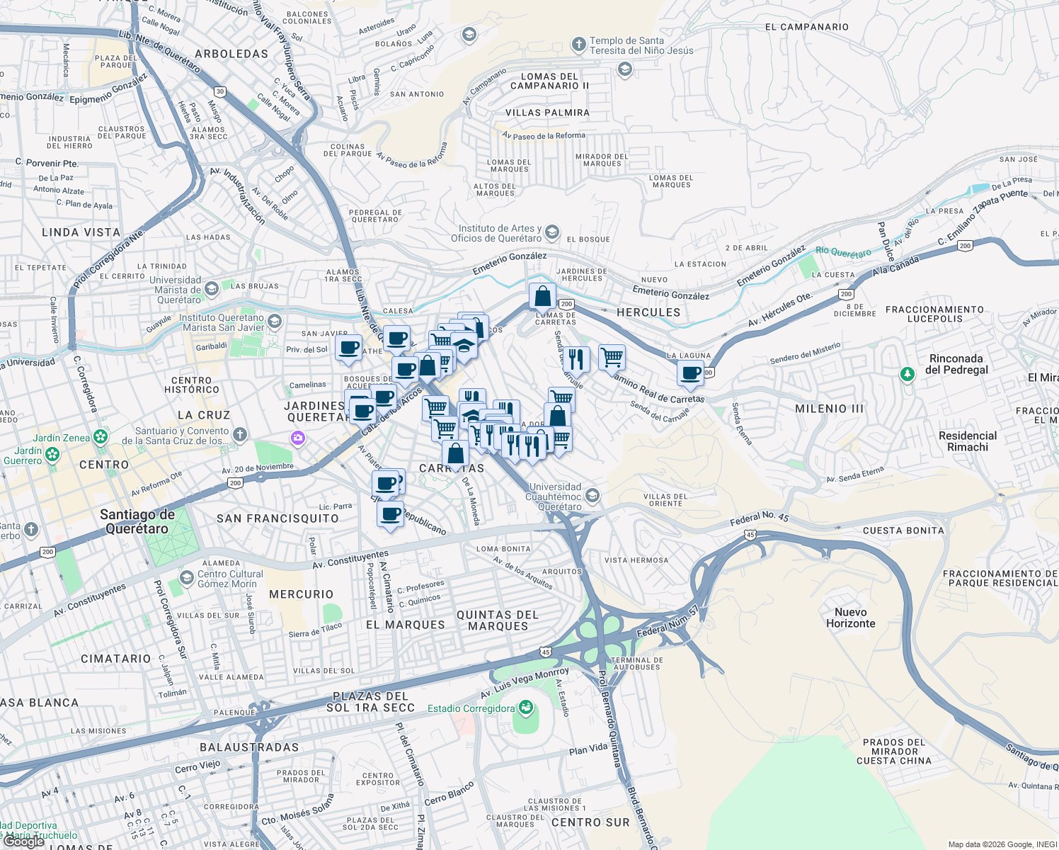 map of restaurants, bars, coffee shops, grocery stores, and more near Gloria Marín in Santiago de Querétaro