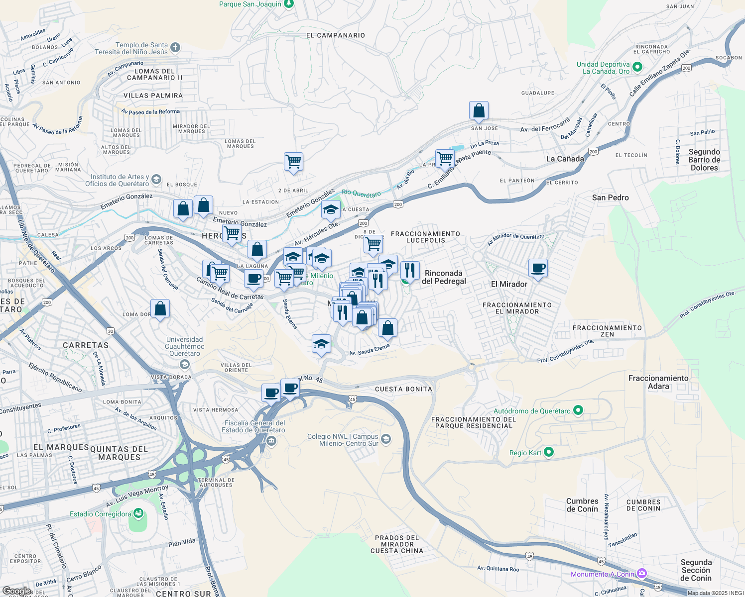 map of restaurants, bars, coffee shops, grocery stores, and more near 37 Senda de La Inspiración in Santiago de Querétaro