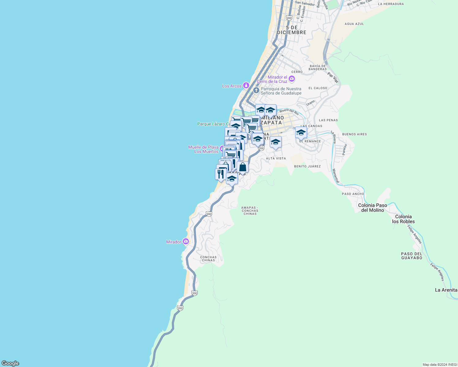 map of restaurants, bars, coffee shops, grocery stores, and more near 353 Amapas in Puerto Vallarta