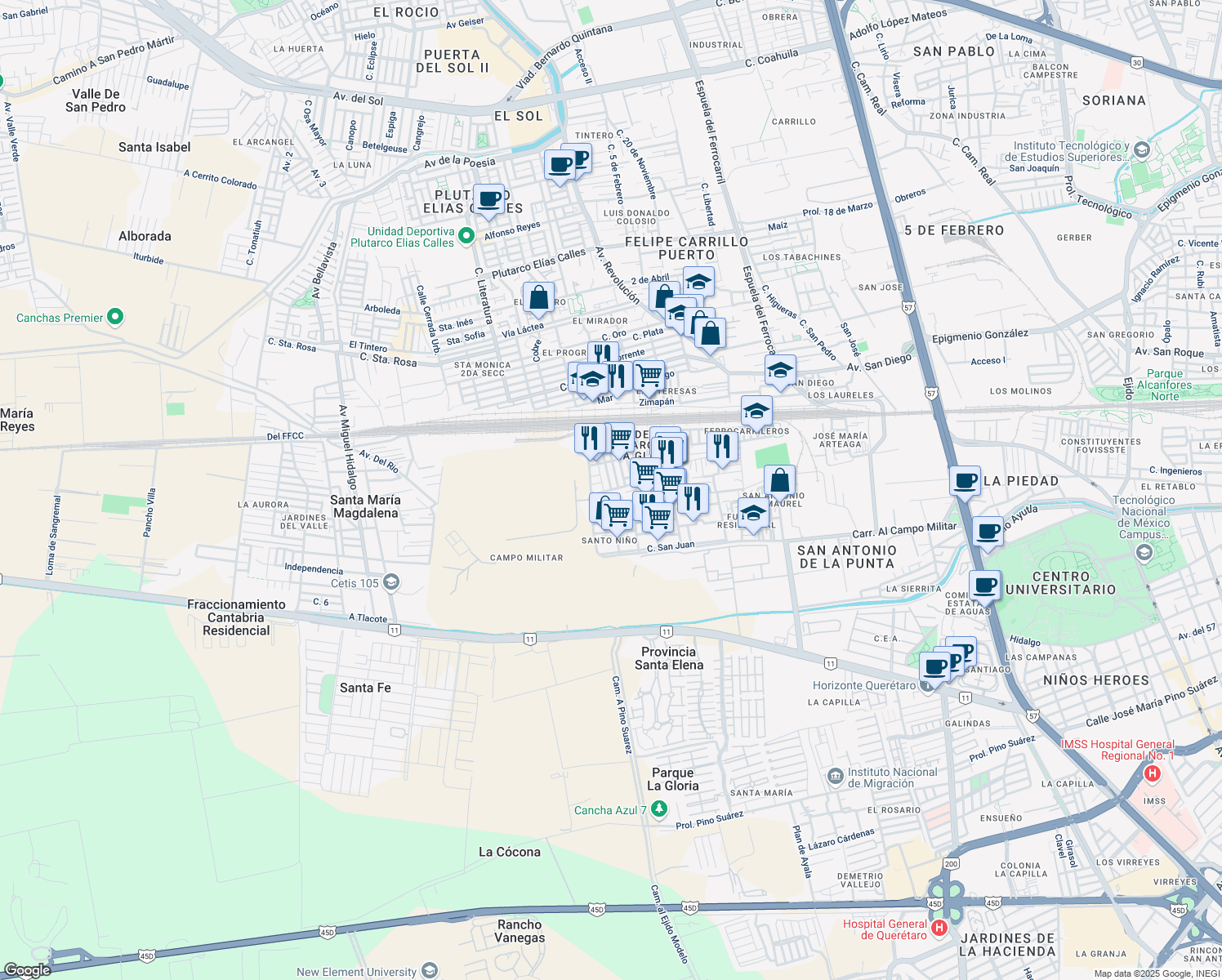 map of restaurants, bars, coffee shops, grocery stores, and more near 547 Hacienda Tequisquiapan in Santiago de Querétaro