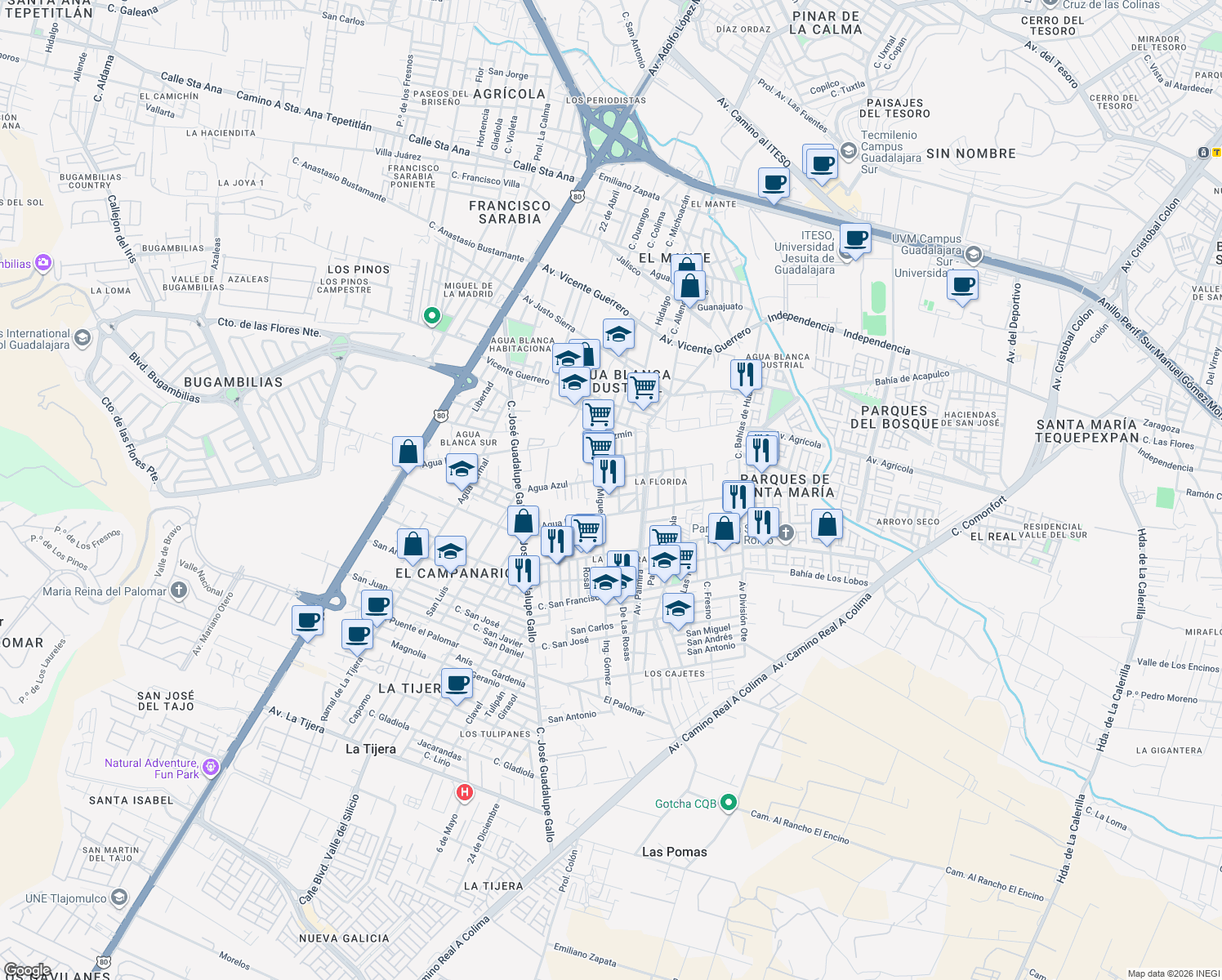 map of restaurants, bars, coffee shops, grocery stores, and more near 1083 Calle Privada Bugambilias in Zapopan