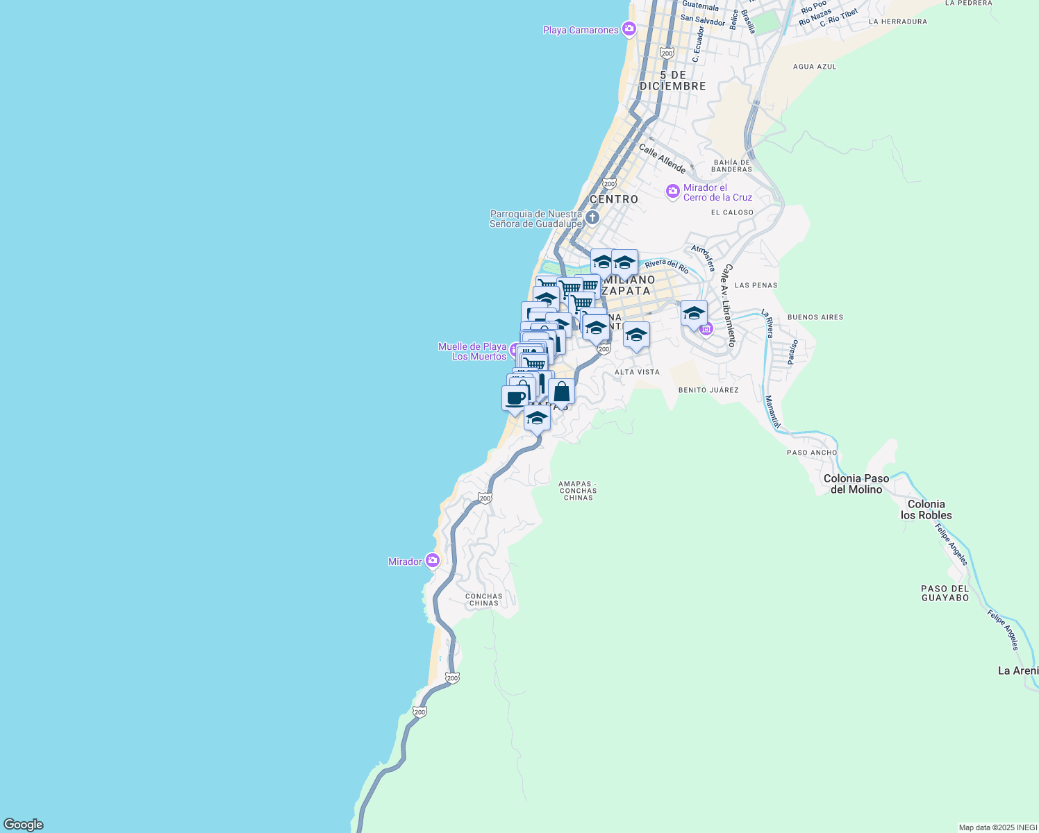 map of restaurants, bars, coffee shops, grocery stores, and more near 169 Malecón in Puerto Vallarta