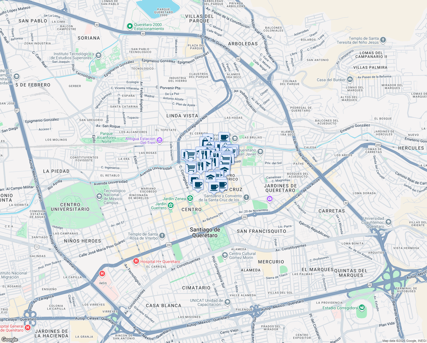 map of restaurants, bars, coffee shops, grocery stores, and more near 91B Calle 15 de Mayo in Santiago de Querétaro