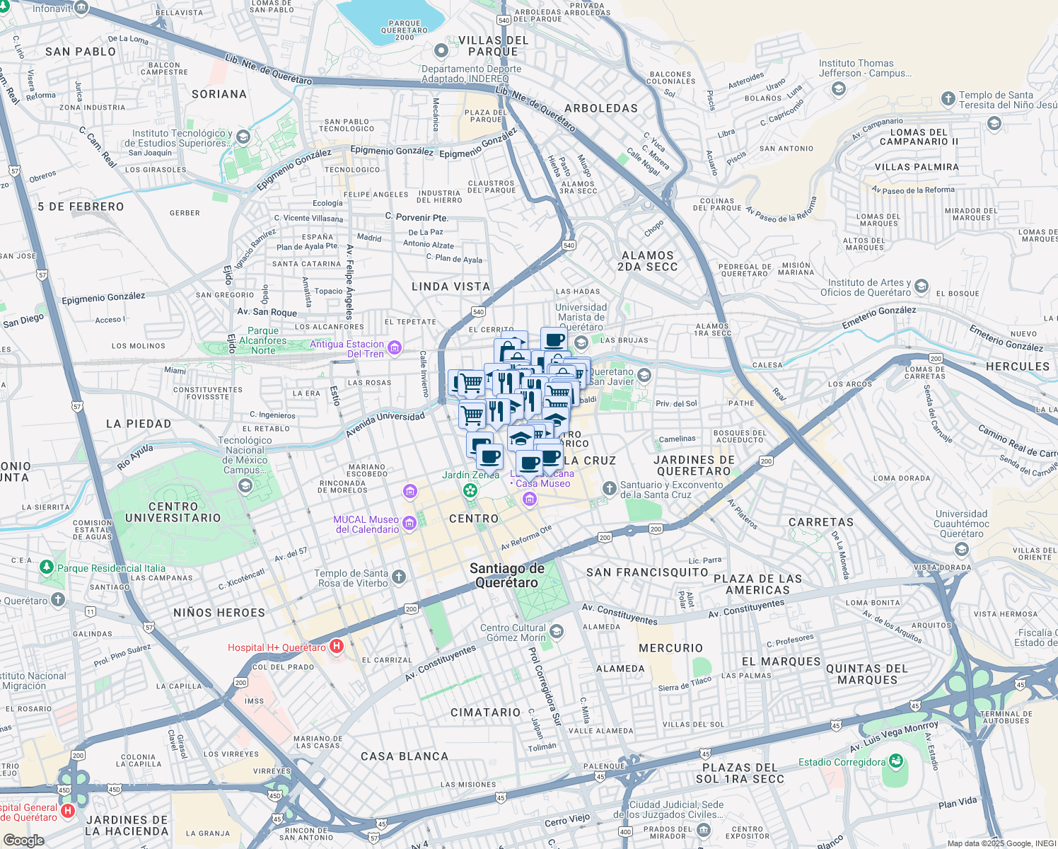 map of restaurants, bars, coffee shops, grocery stores, and more near 91B Calle 15 de Mayo in Santiago de Querétaro