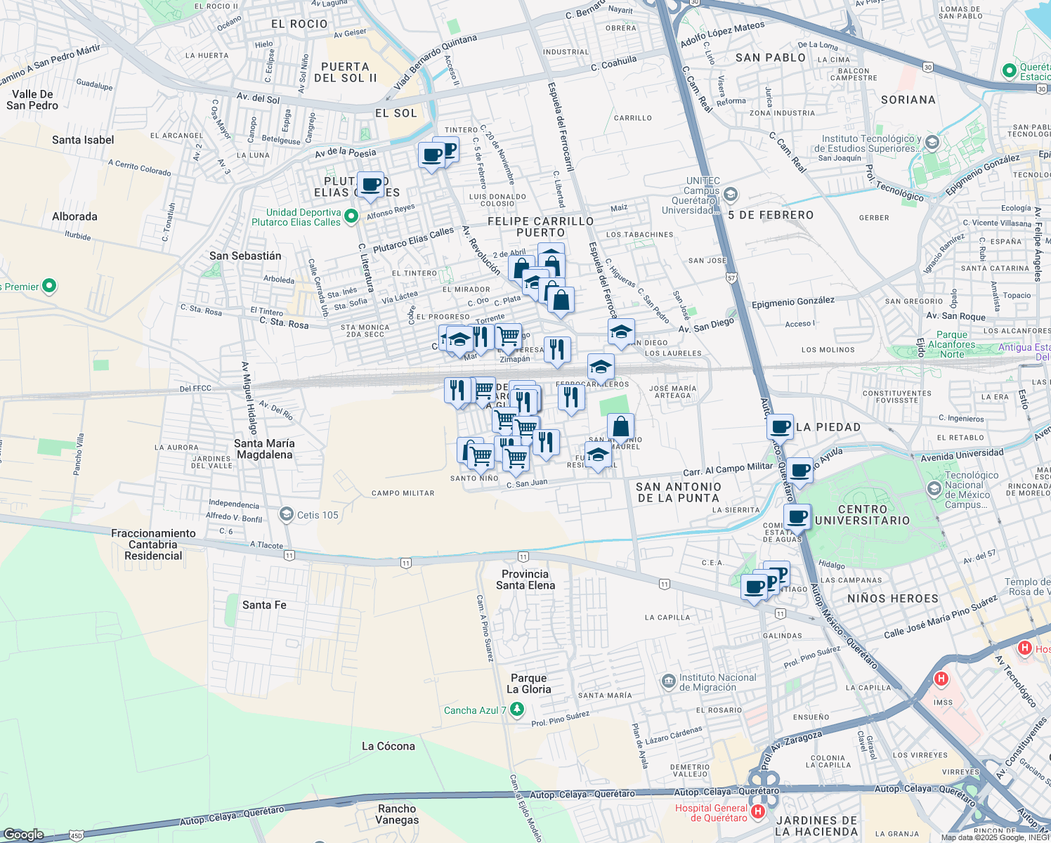 map of restaurants, bars, coffee shops, grocery stores, and more near 547 Hacienda Tequisquiapan in Santiago de Querétaro
