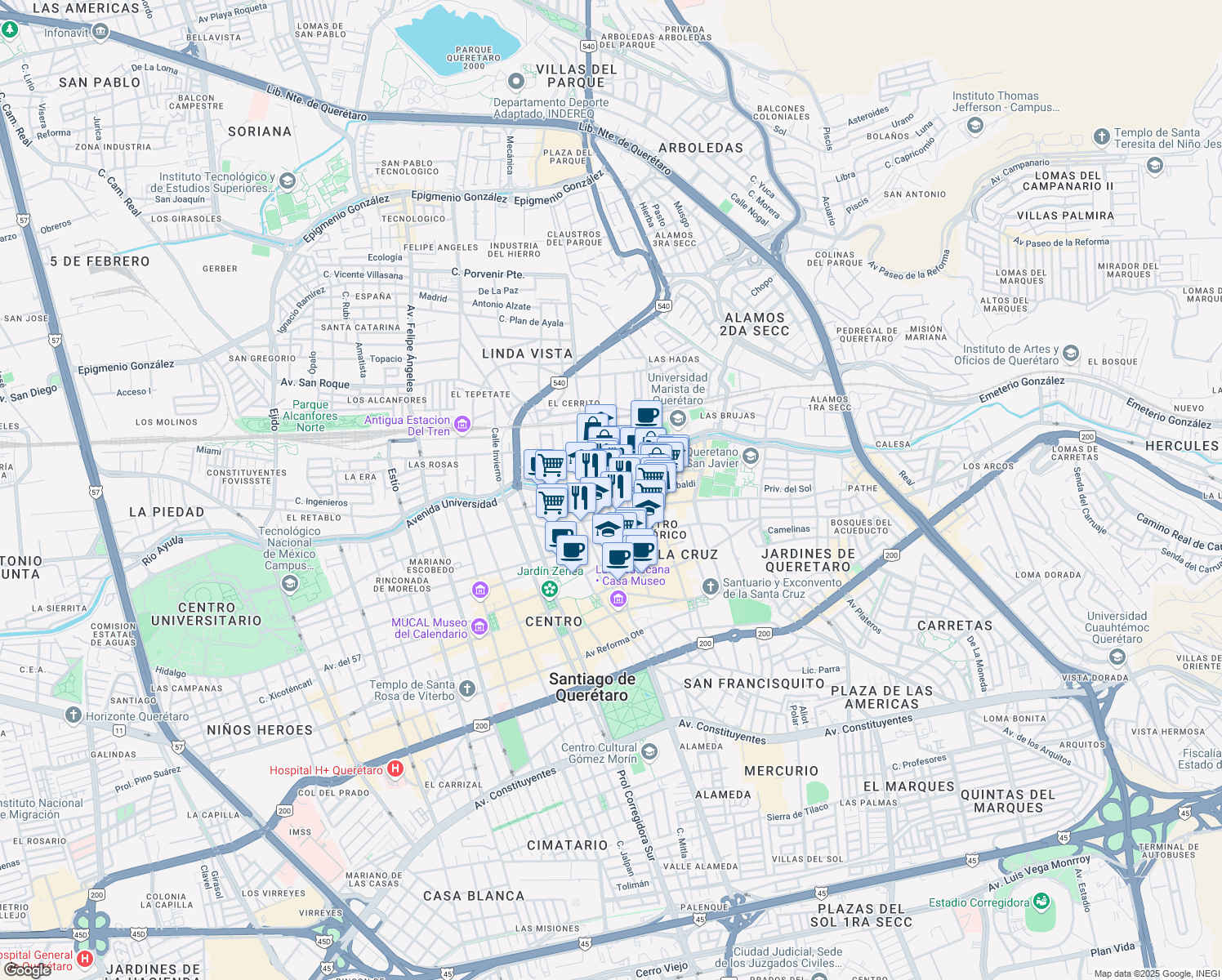 map of restaurants, bars, coffee shops, grocery stores, and more near 102 Avenida Universidad in Santiago de Querétaro