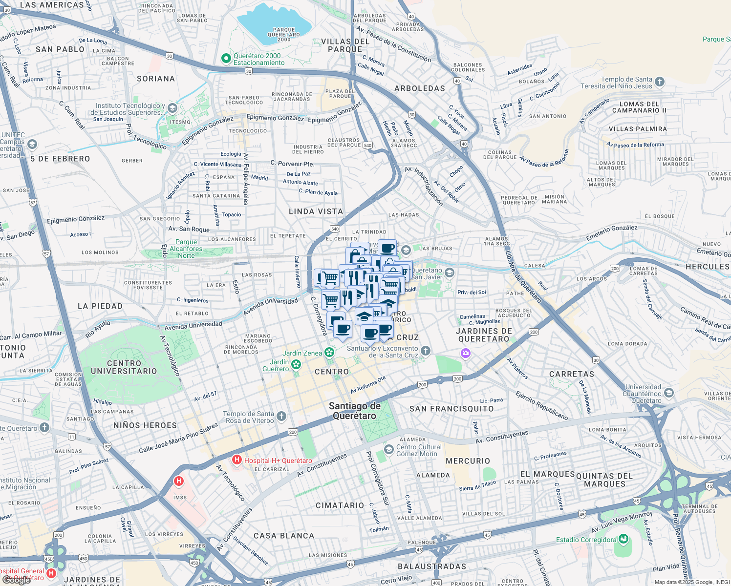 map of restaurants, bars, coffee shops, grocery stores, and more near 102 Avenida Universidad in Santiago de Querétaro