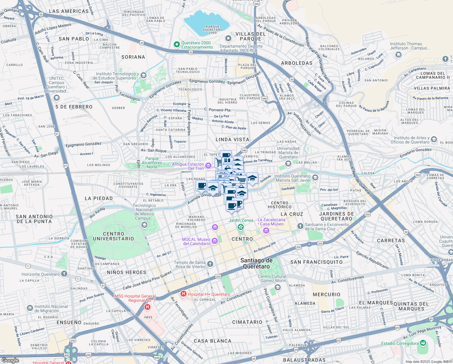 map of restaurants, bars, coffee shops, grocery stores, and more near 5 Avenida Corregidora Norte in Santiago de Querétaro