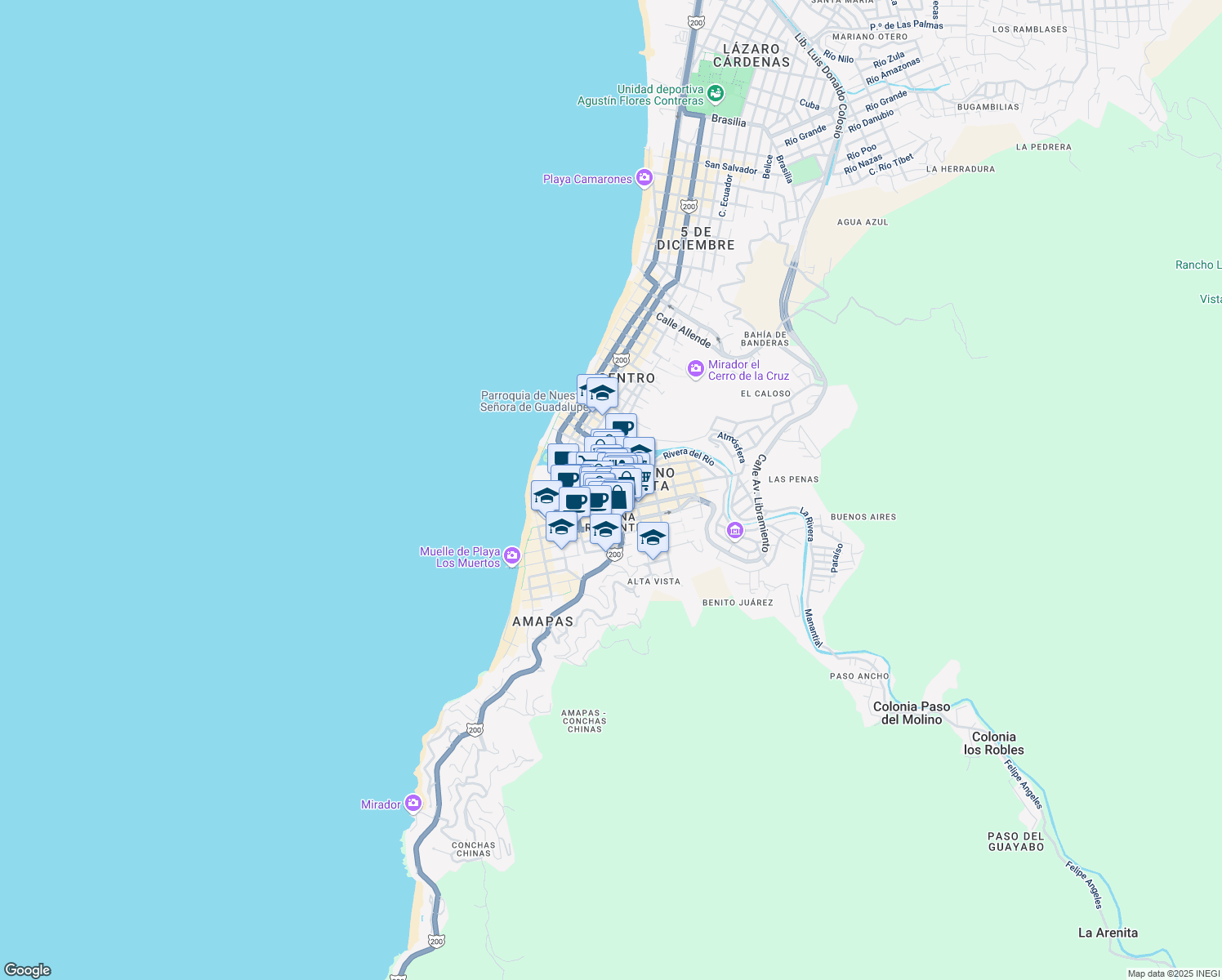 map of restaurants, bars, coffee shops, grocery stores, and more near 242 Insurgentes in Puerto Vallarta