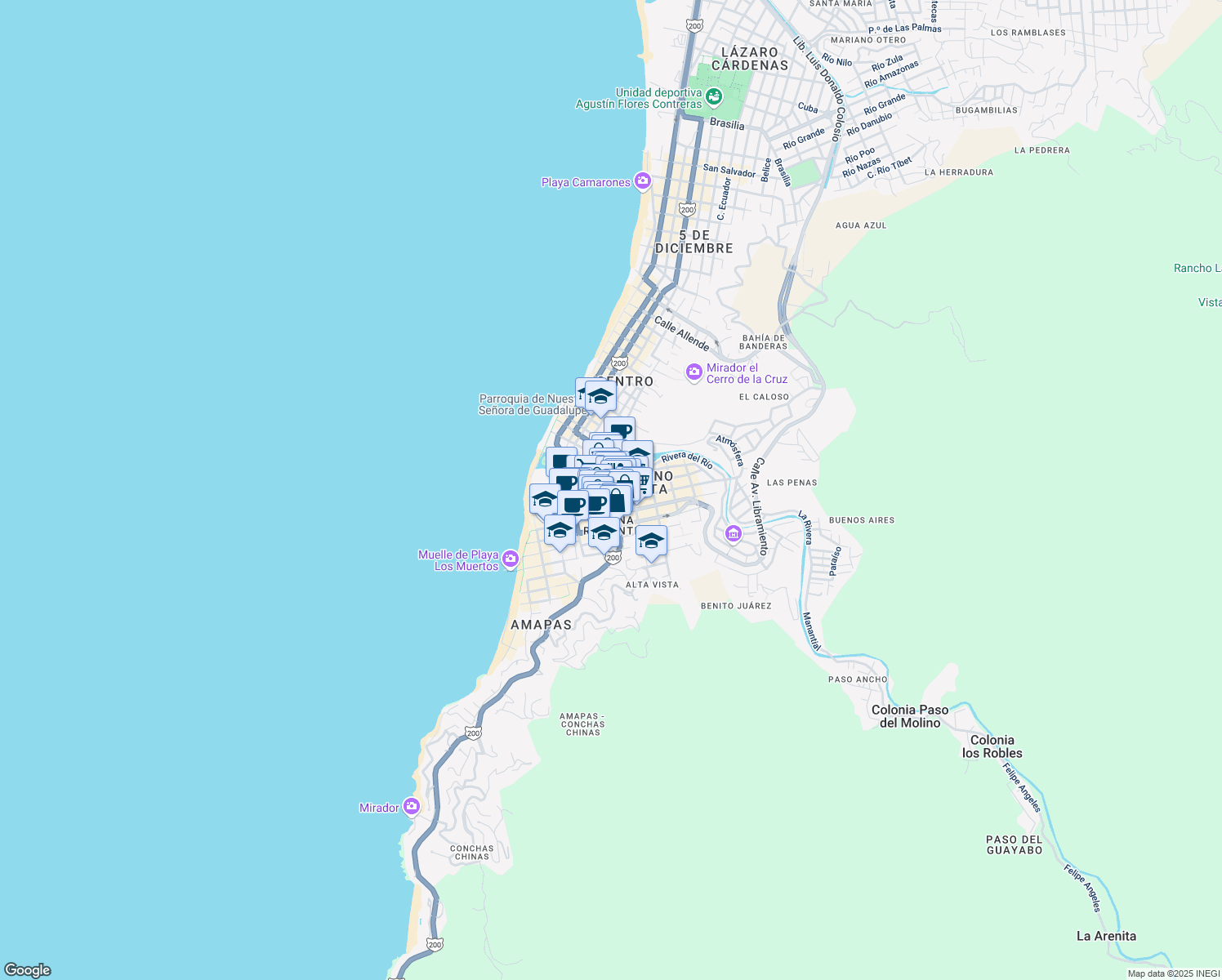 map of restaurants, bars, coffee shops, grocery stores, and more near Calle Francisco I. Madero in Puerto Vallarta