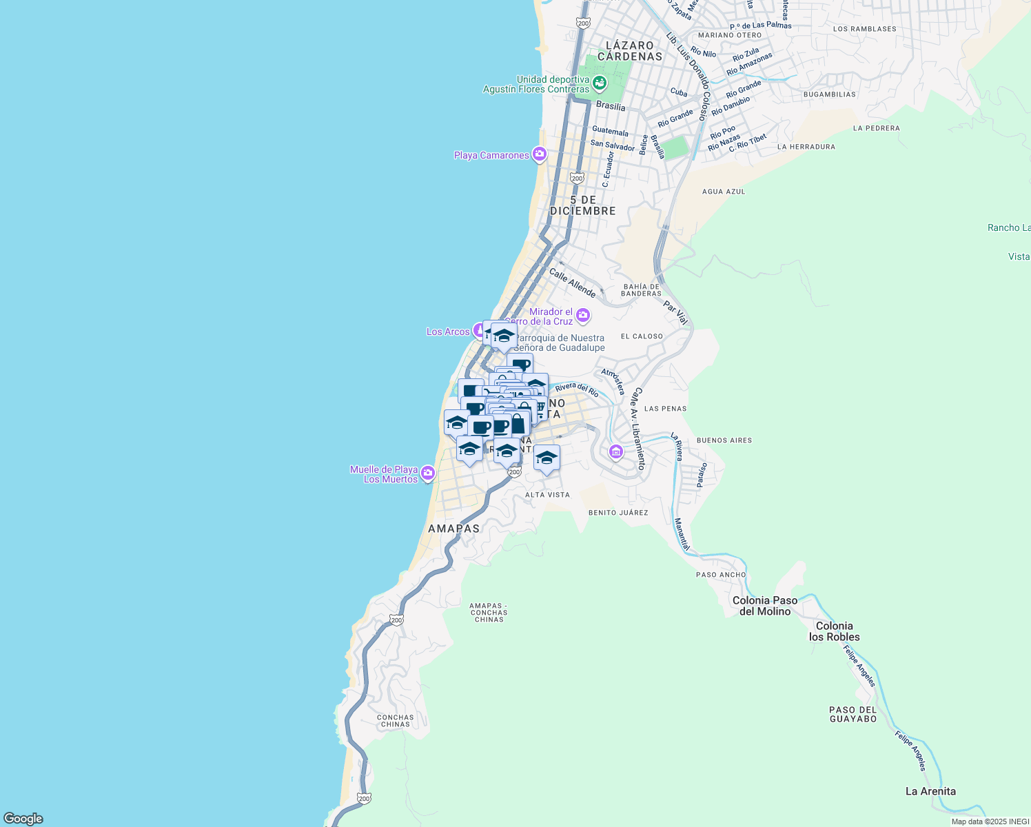 map of restaurants, bars, coffee shops, grocery stores, and more near 193 Insurgentes in Puerto Vallarta