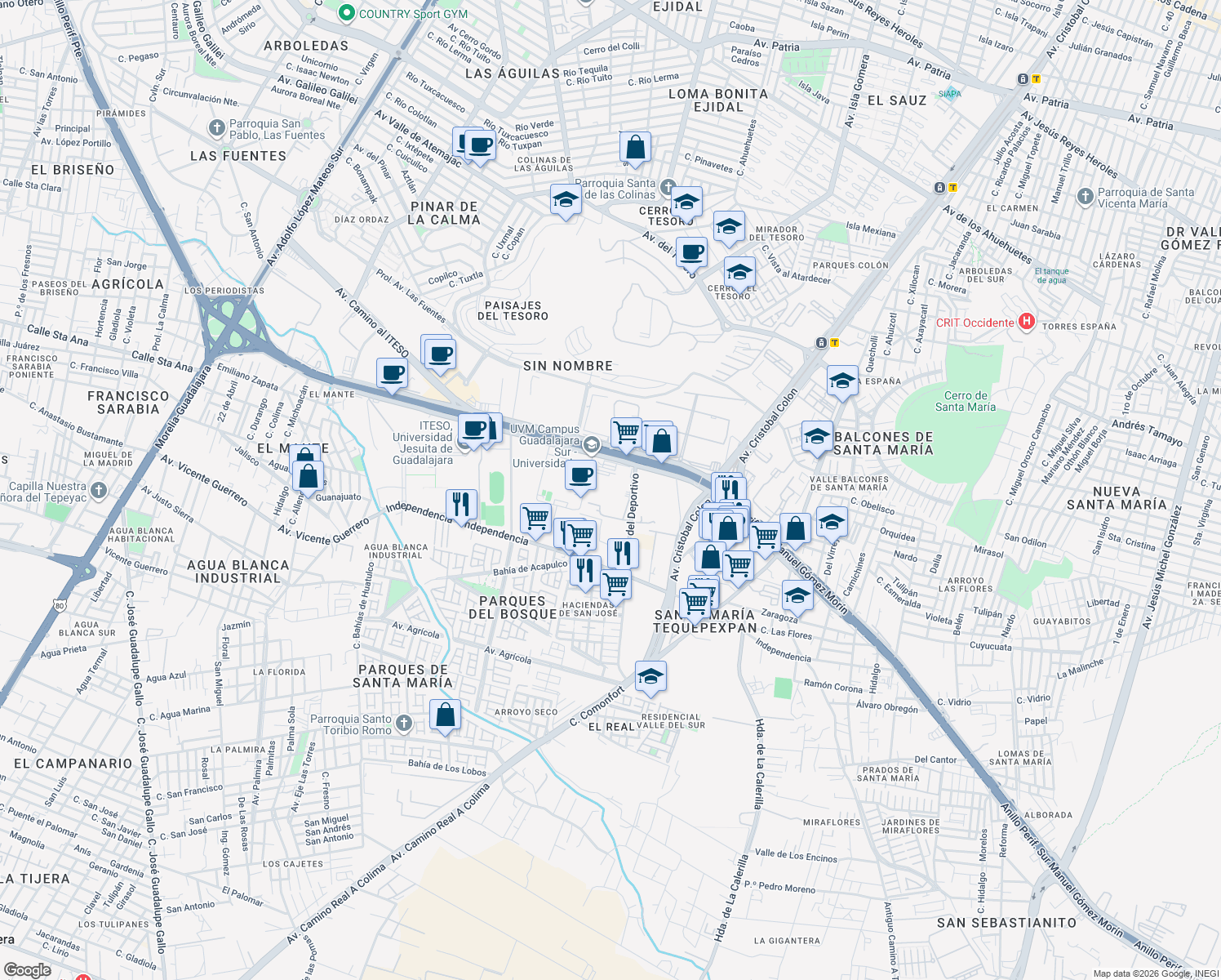 map of restaurants, bars, coffee shops, grocery stores, and more near 7999 Anillo Periférico Sur Manuel Gómez Morín in San Pedro Tlaquepaque
