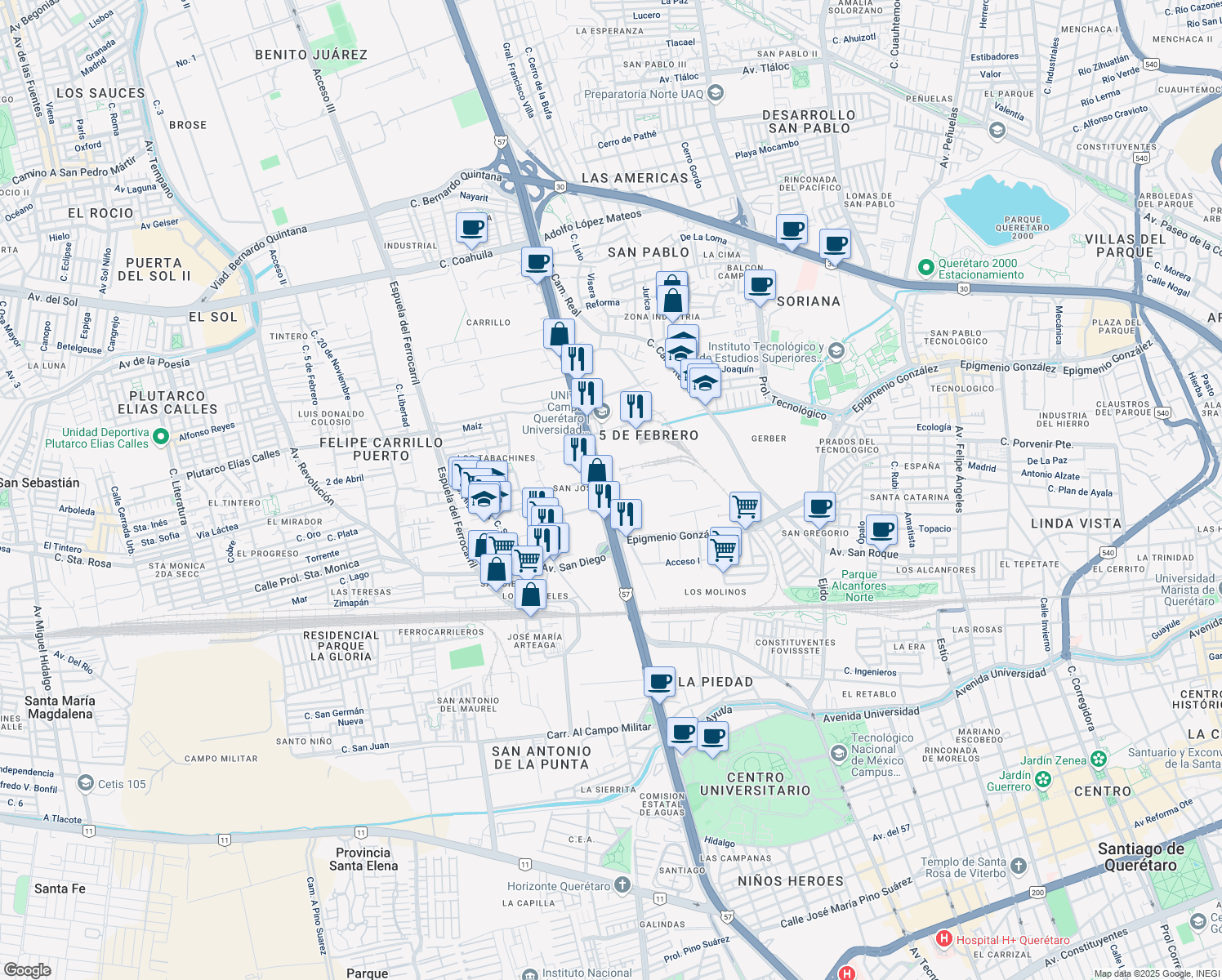 map of restaurants, bars, coffee shops, grocery stores, and more near 1404 Avenida 5 de Febrero in Santiago de Querétaro