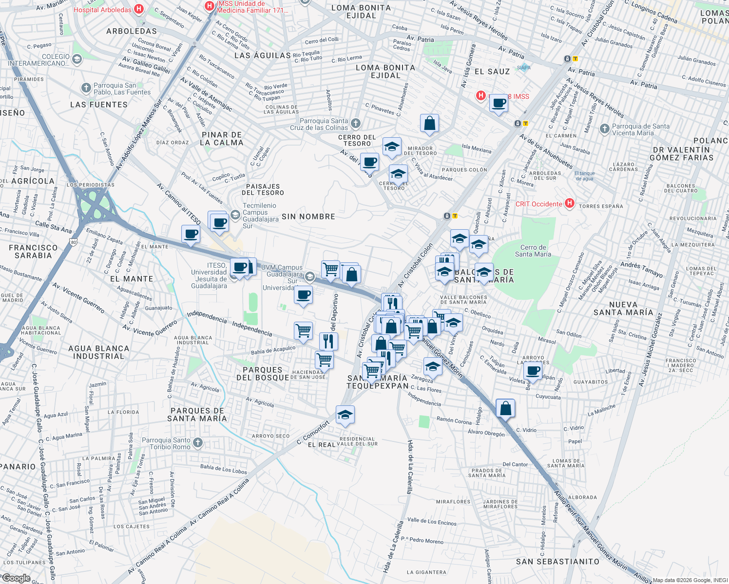 map of restaurants, bars, coffee shops, grocery stores, and more near 7980 Anillo Periférico Sur Manuel Gómez Morín in San Pedro Tlaquepaque