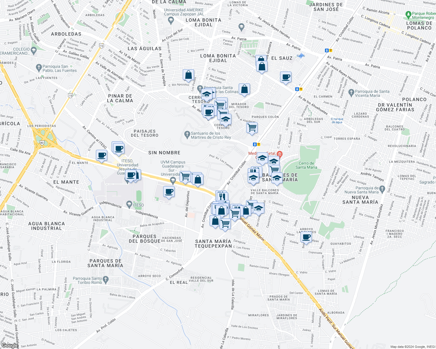 map of restaurants, bars, coffee shops, grocery stores, and more near 7980 Anillo Periférico Sur Manuel Gómez Morín in San Pedro Tlaquepaque