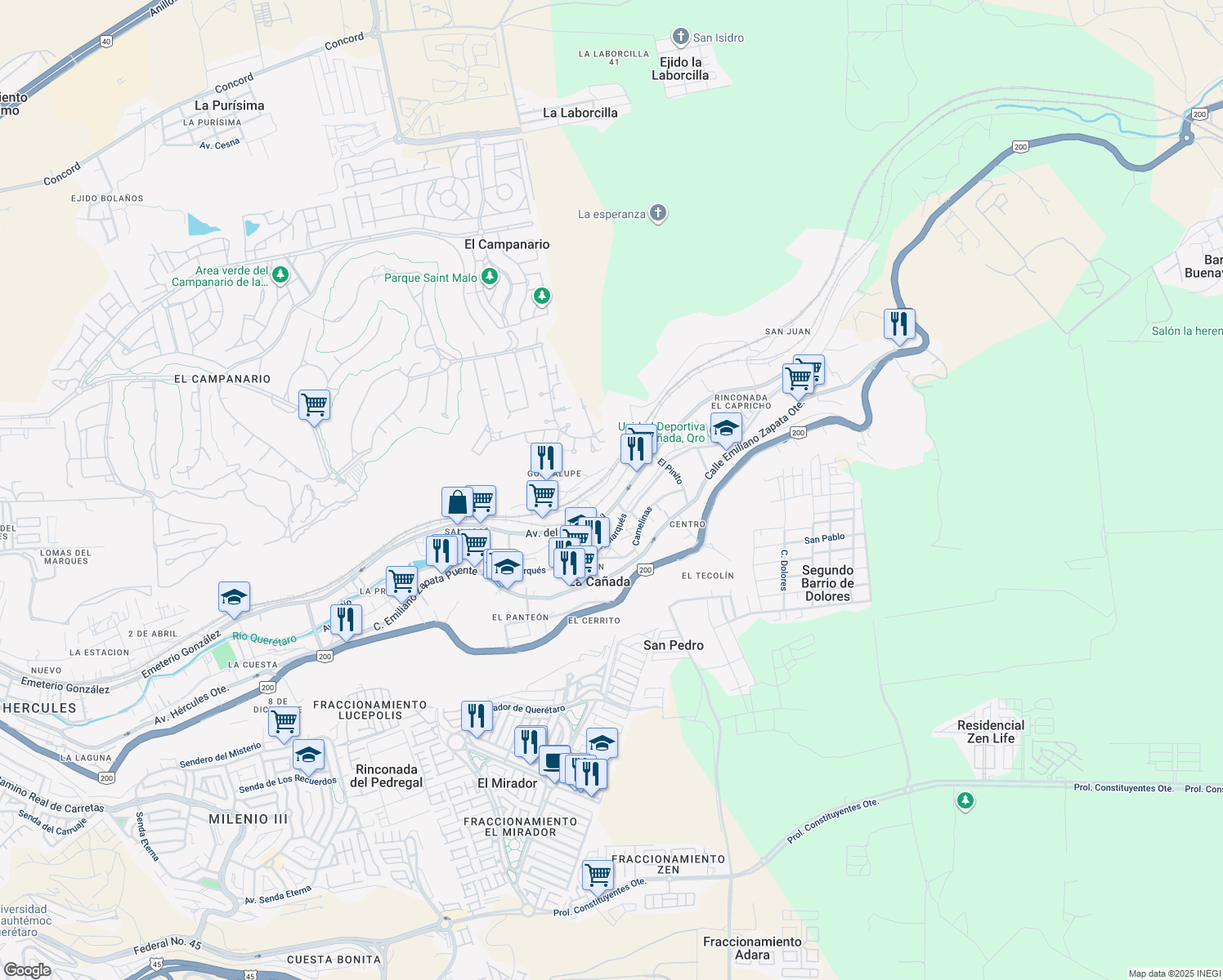 map of restaurants, bars, coffee shops, grocery stores, and more near in El Marqués