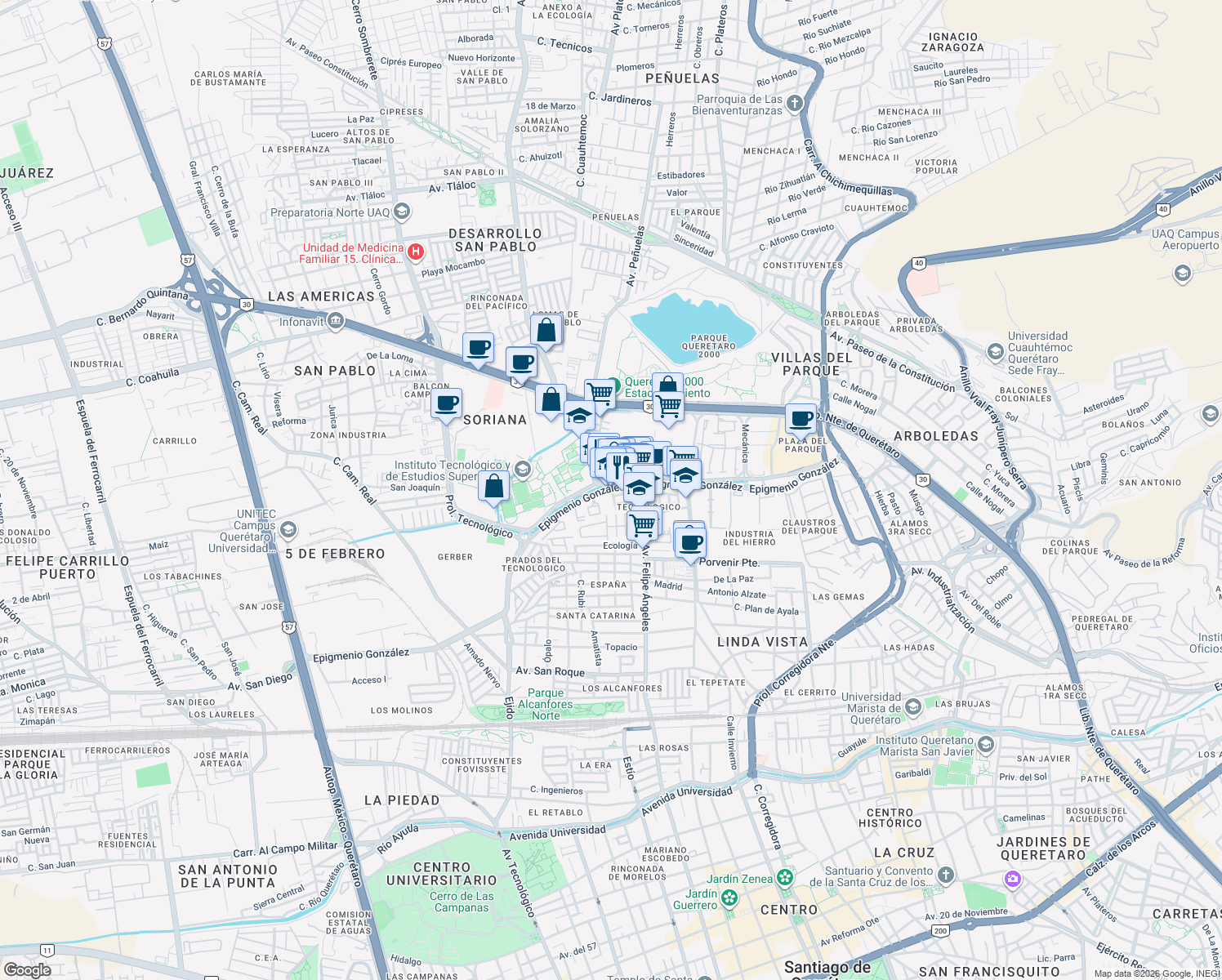 map of restaurants, bars, coffee shops, grocery stores, and more near 500 Epigmenio González in Santiago de Querétaro