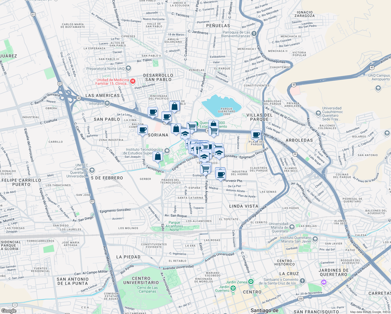 map of restaurants, bars, coffee shops, grocery stores, and more near 500 Epigmenio González in Santiago de Querétaro