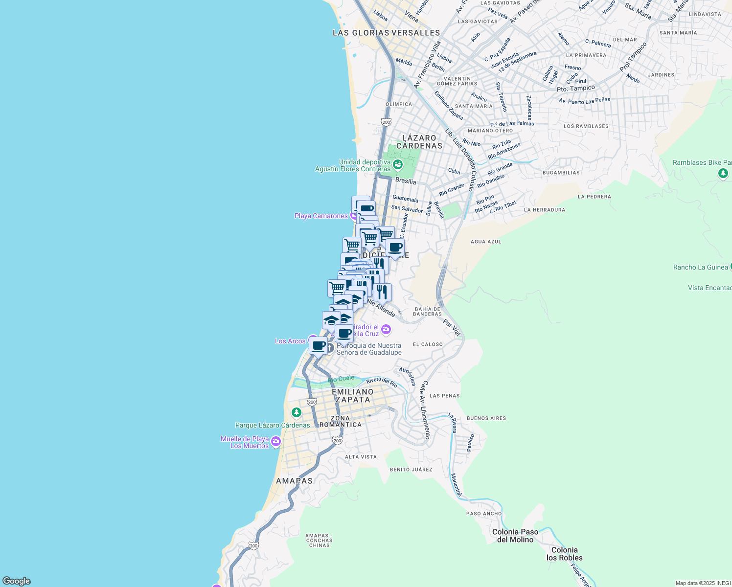 map of restaurants, bars, coffee shops, grocery stores, and more near 885 Calle Guadalupe Sánchez in Puerto Vallarta