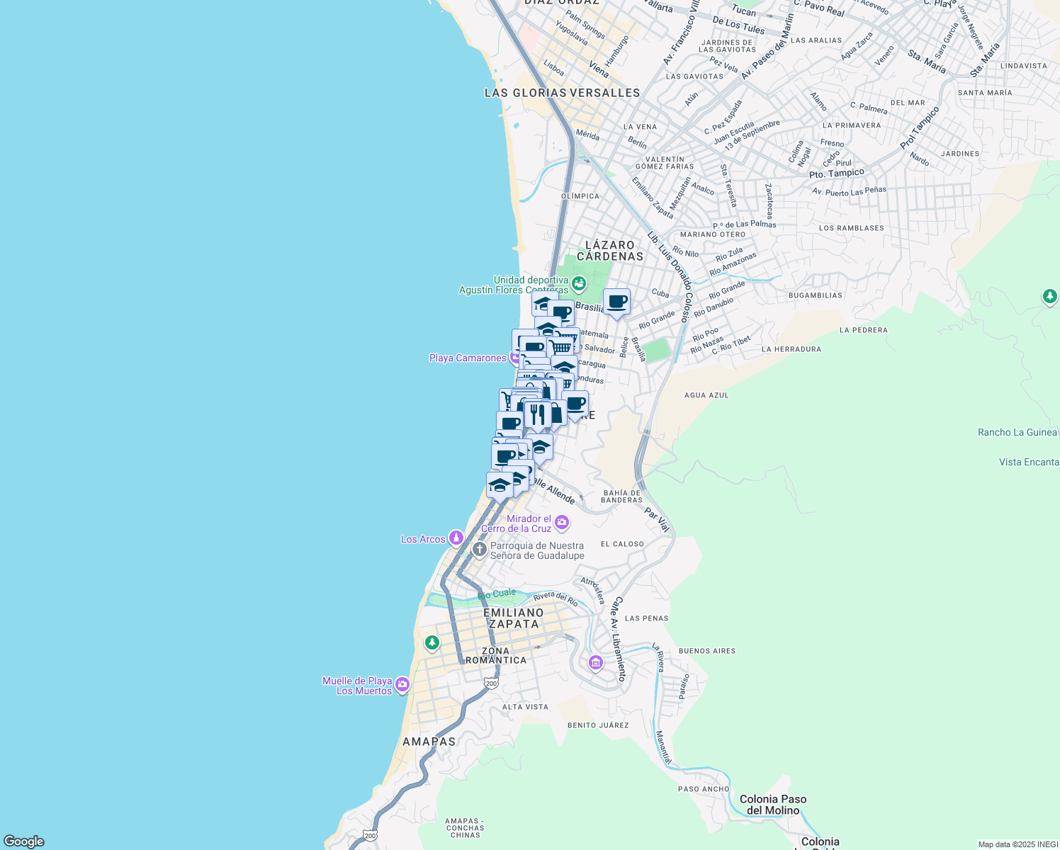 map of restaurants, bars, coffee shops, grocery stores, and more near 1086 Calle Perú in Puerto Vallarta