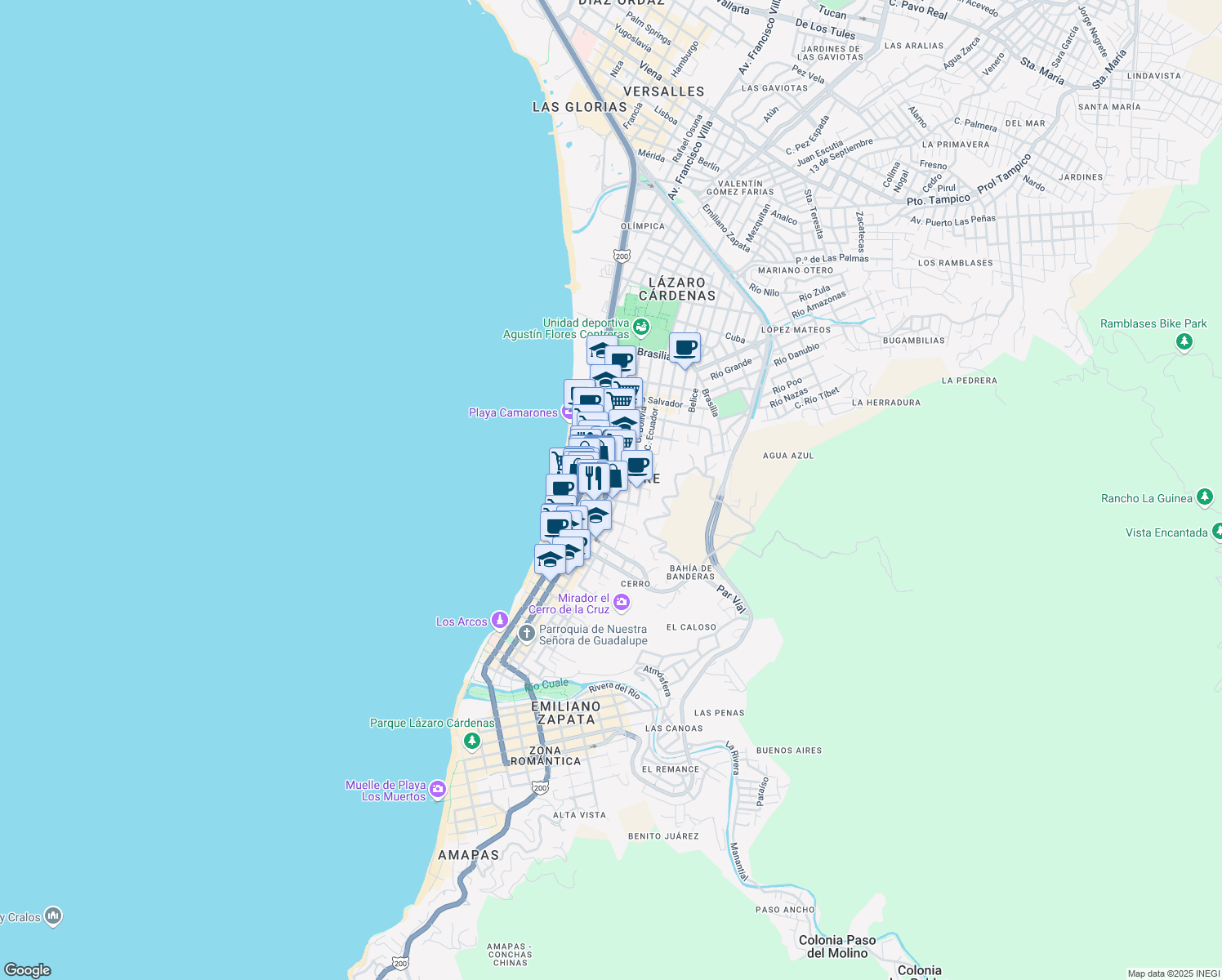 map of restaurants, bars, coffee shops, grocery stores, and more near 1086 Calle Peru in Puerto Vallarta