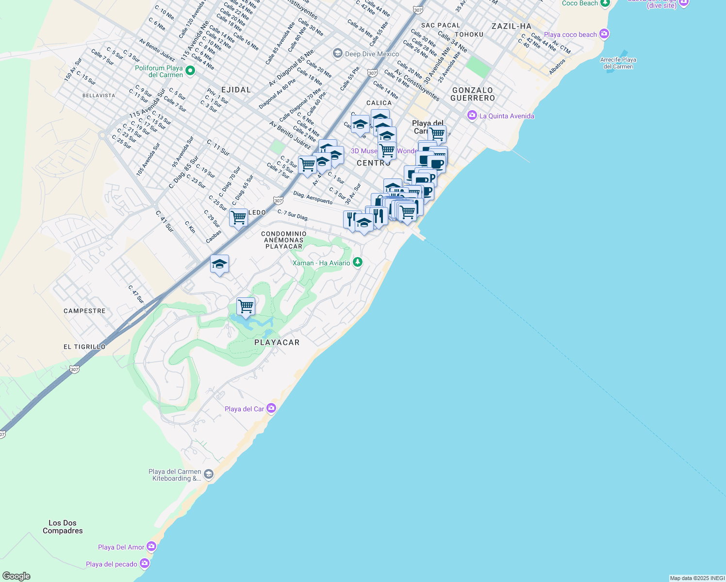 map of restaurants, bars, coffee shops, grocery stores, and more near Bahía del Espíritu Santo in Playa del Carmen