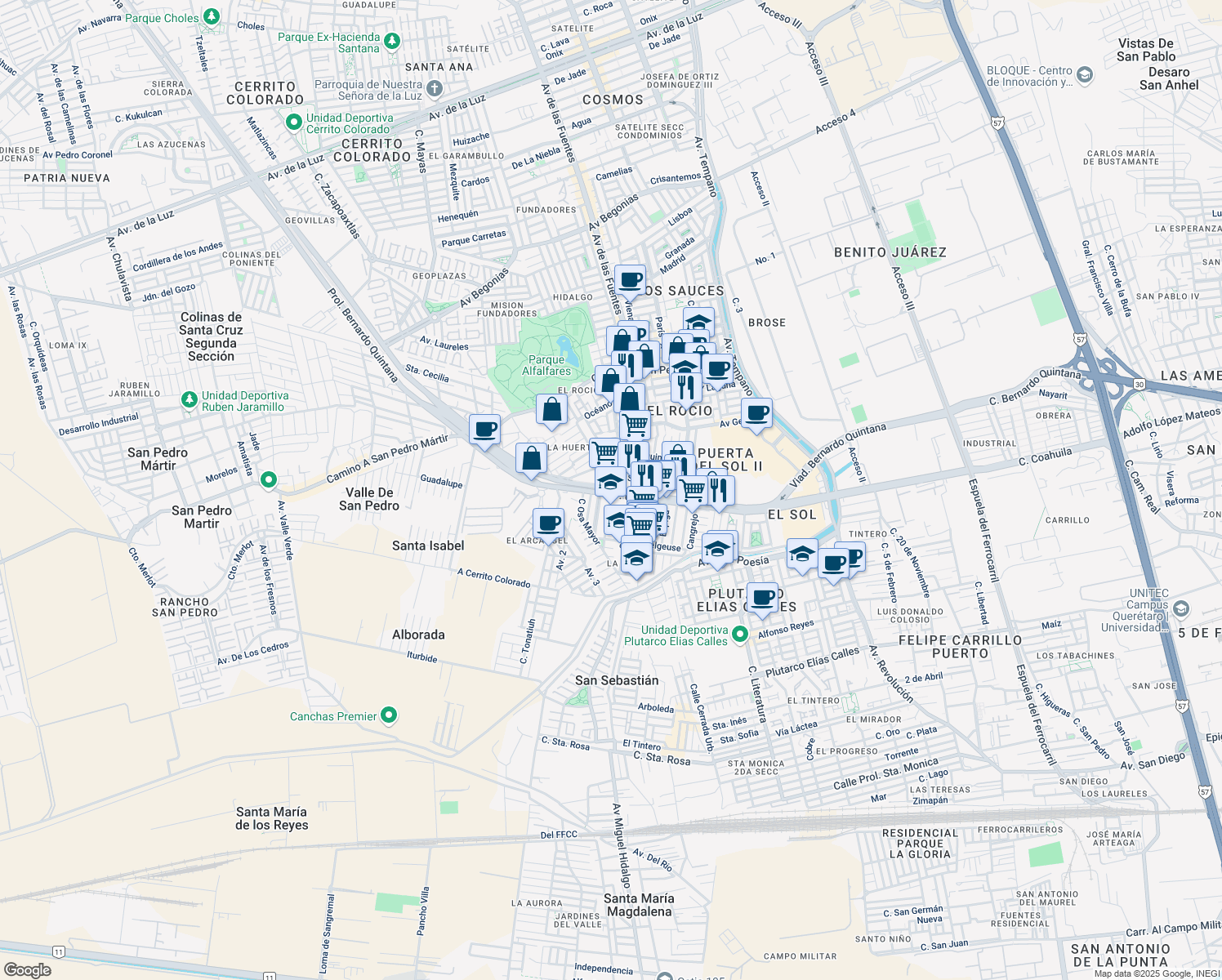map of restaurants, bars, coffee shops, grocery stores, and more near Prolongación Bernardo Quintana in Santiago de Querétaro