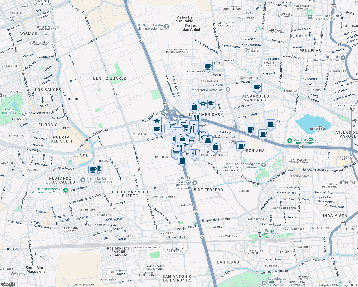 map of restaurants, bars, coffee shops, grocery stores, and more near 1404 Avenida 5 de Febrero in Santiago de Querétaro