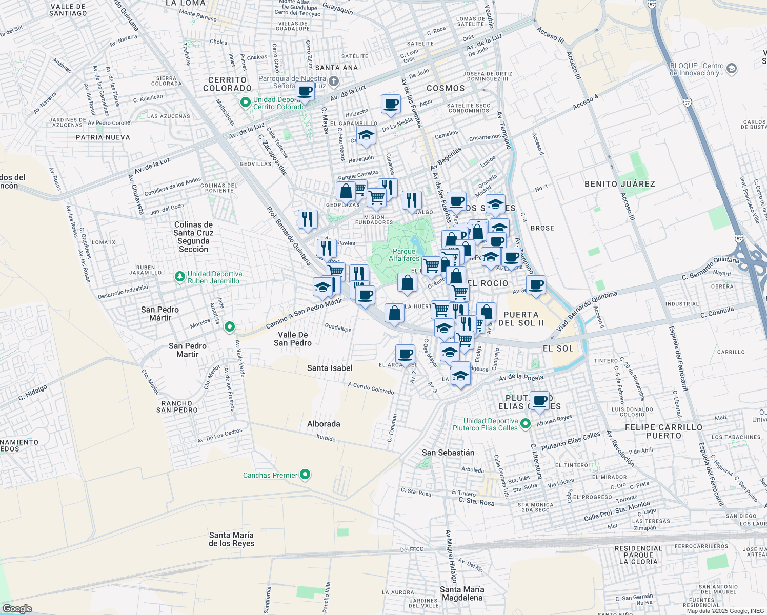 map of restaurants, bars, coffee shops, grocery stores, and more near 2420 Prolongación Bernardo Quintana in Santiago de Querétaro