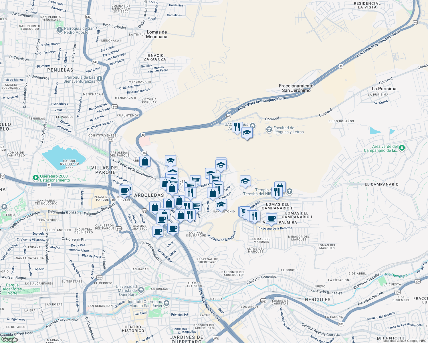 map of restaurants, bars, coffee shops, grocery stores, and more near San Isidro in Santiago de Querétaro