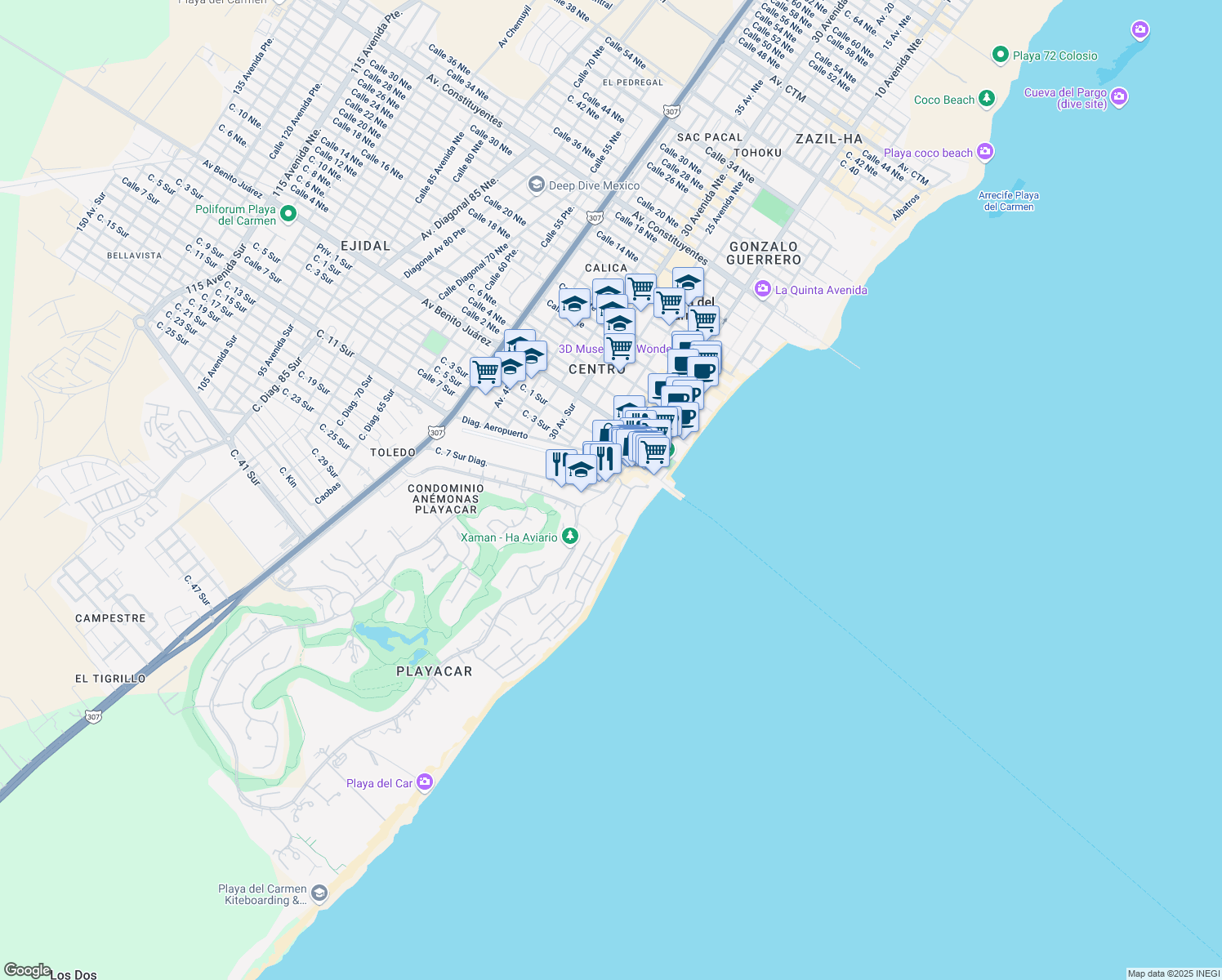 map of restaurants, bars, coffee shops, grocery stores, and more near 26 Plaza Antigua in Playa del Carmen