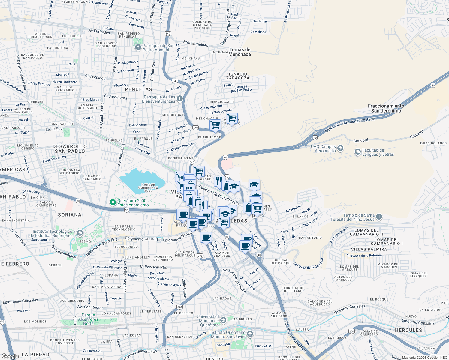 map of restaurants, bars, coffee shops, grocery stores, and more near in Santiago de Querétaro