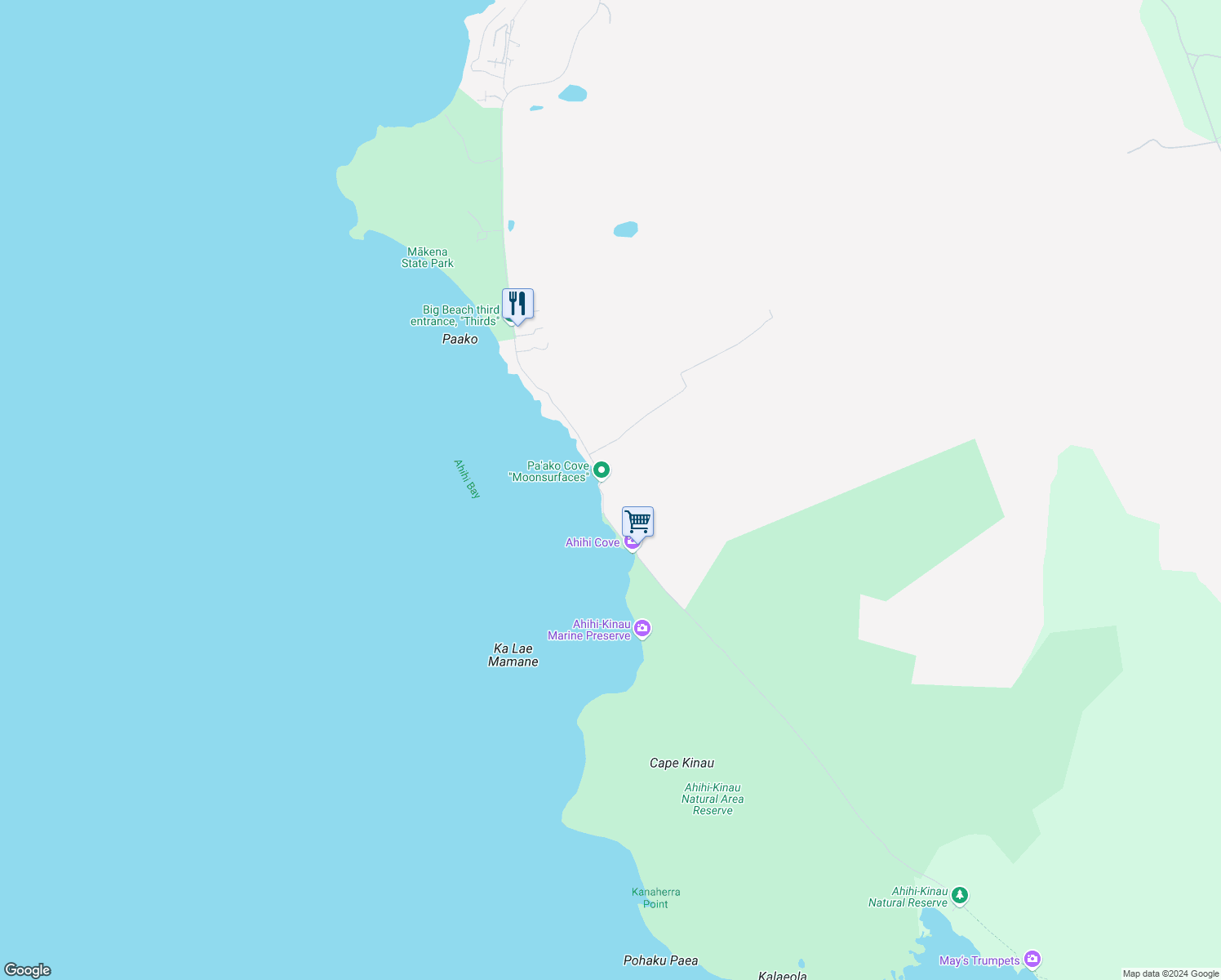 map of restaurants, bars, coffee shops, grocery stores, and more near 7421 Makena Road in Kihei