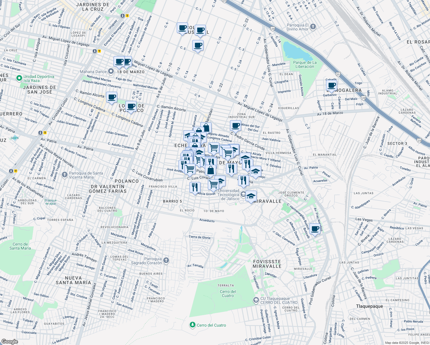 map of restaurants, bars, coffee shops, grocery stores, and more near 888 Avenida de la Patria in Guadalajara