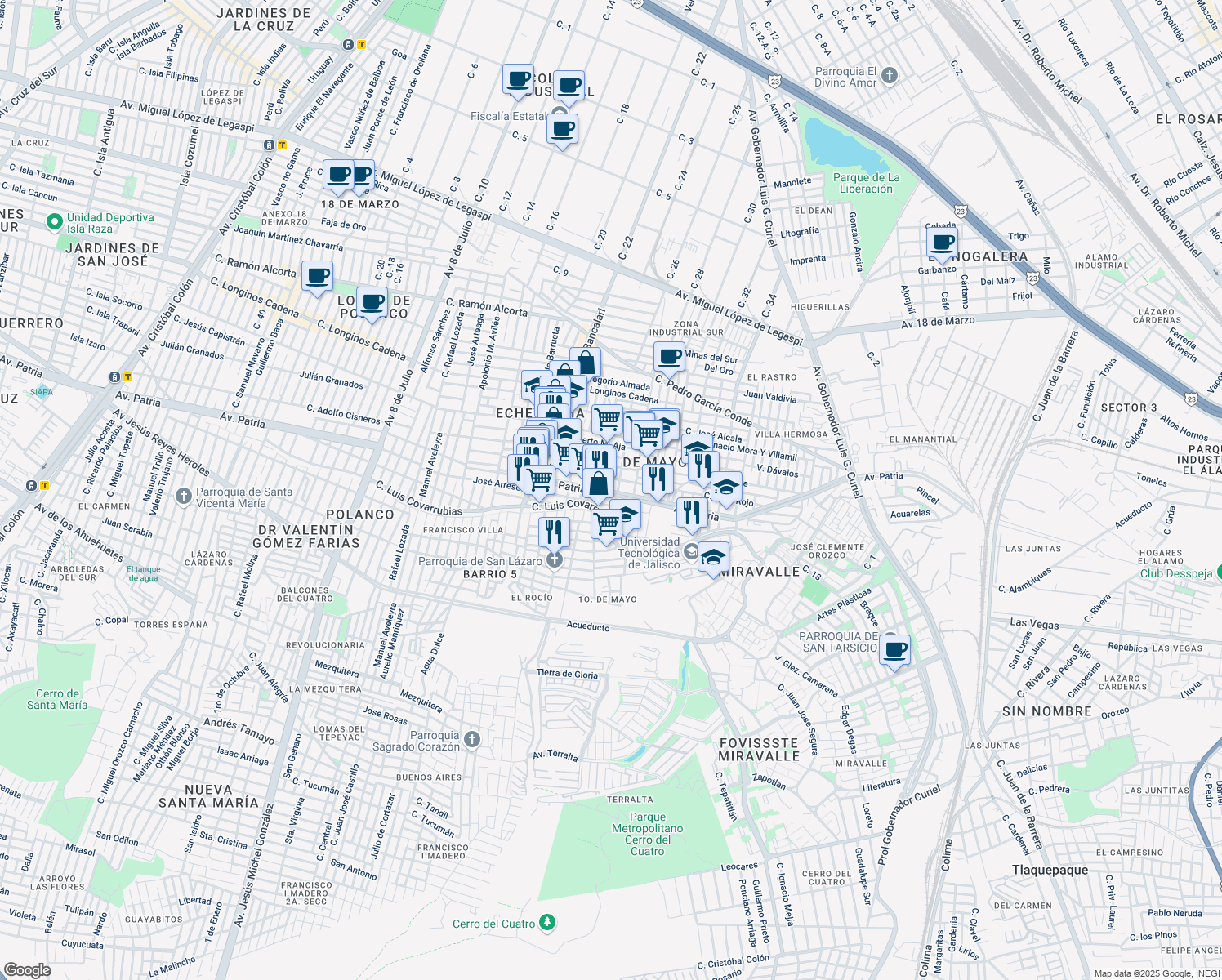 map of restaurants, bars, coffee shops, grocery stores, and more near 888 Avenida de la Patria in Guadalajara