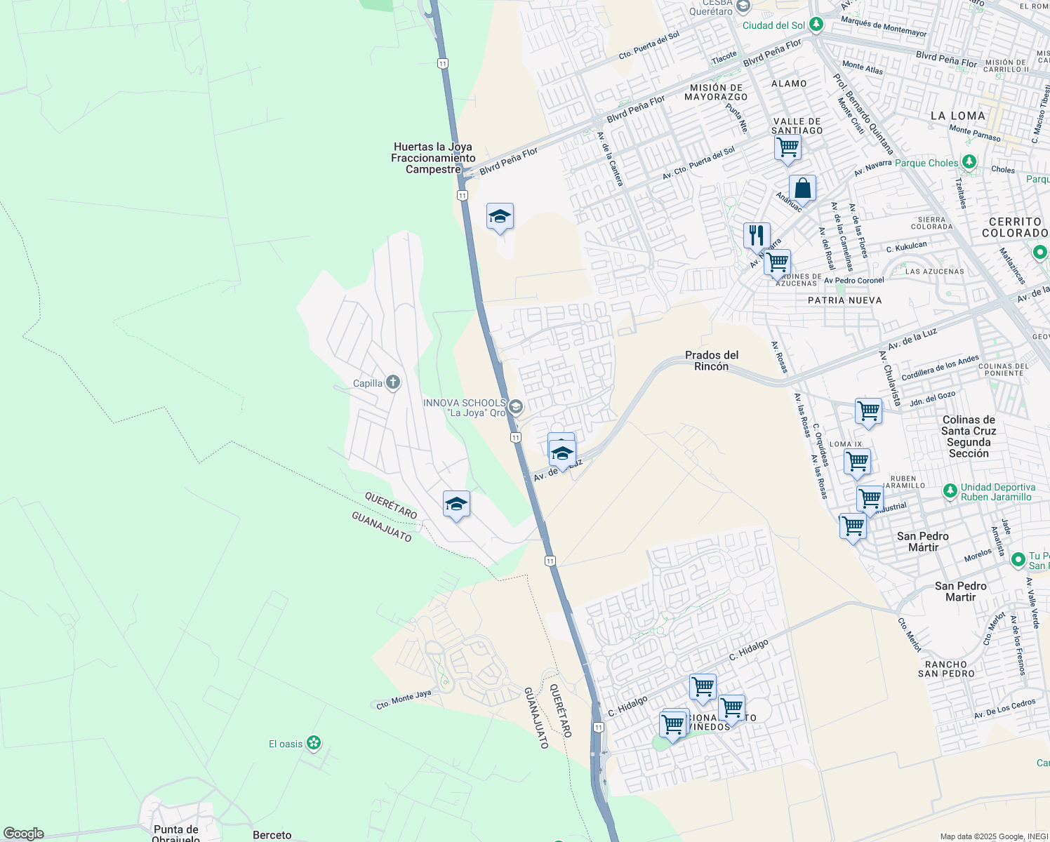 map of restaurants, bars, coffee shops, grocery stores, and more near in Santiago de Querétaro