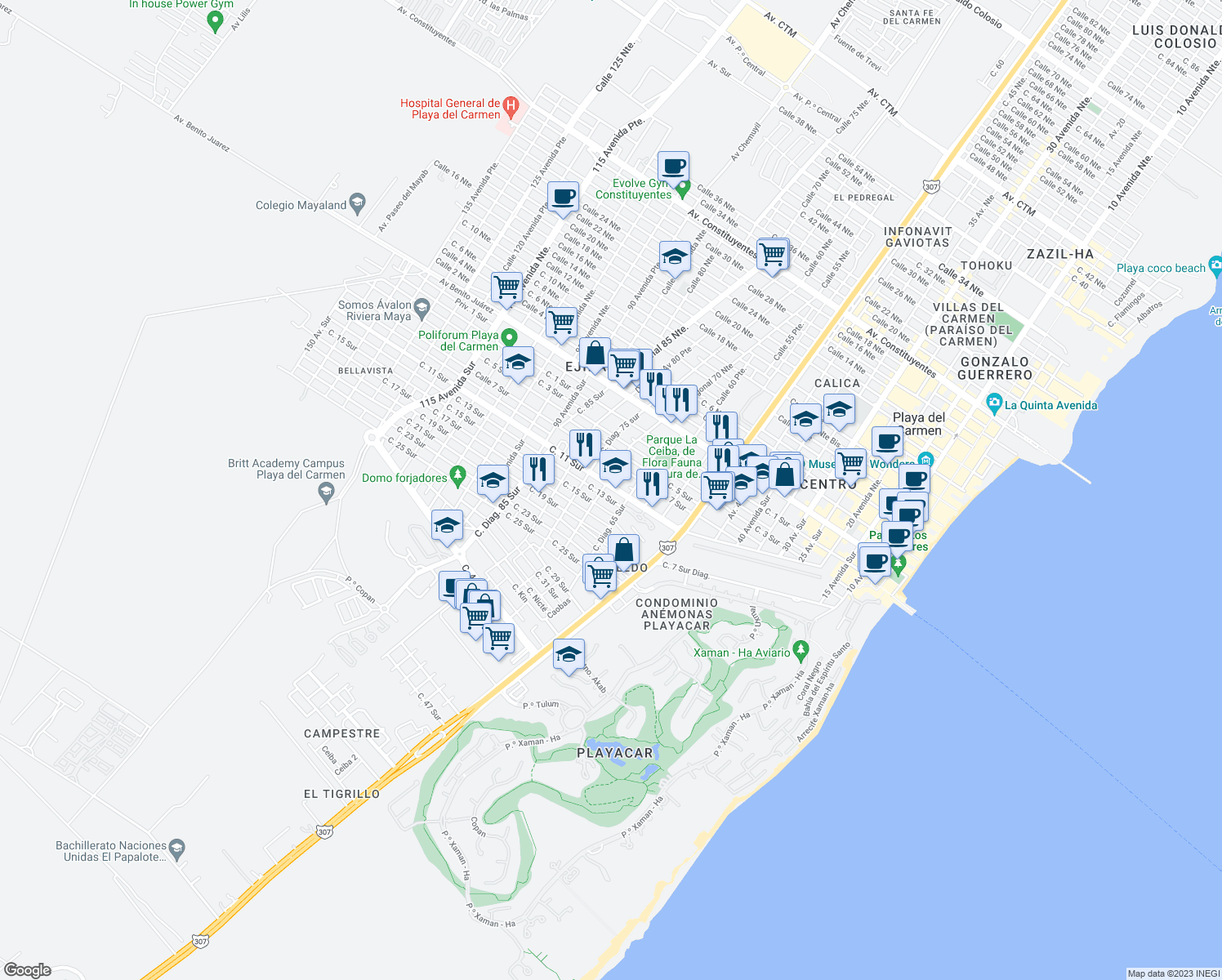 map of restaurants, bars, coffee shops, grocery stores, and more near Mz 10 Calle 11 Sur in Playa del Carmen