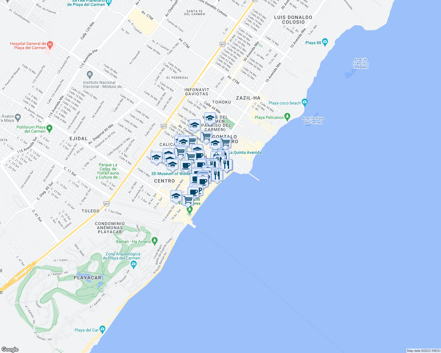map of restaurants, bars, coffee shops, grocery stores, and more near 3 Calle 1 Norte in Playa del Carmen
