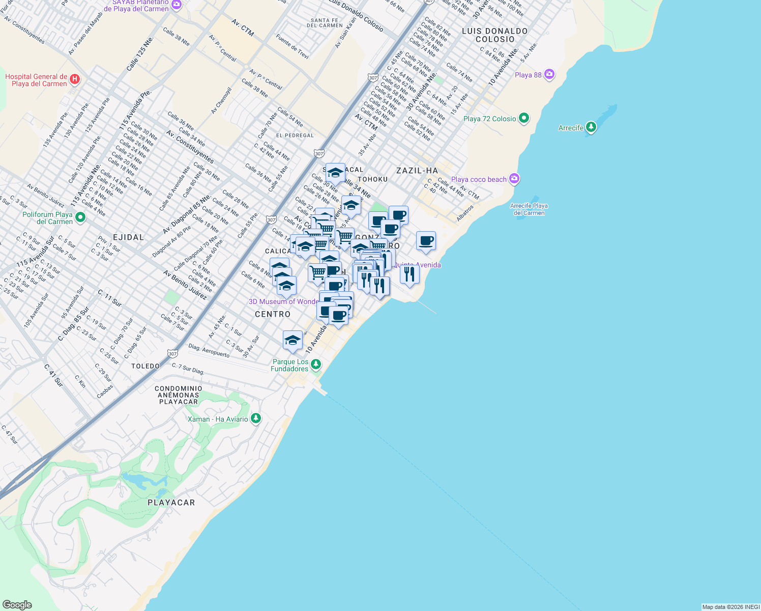 map of restaurants, bars, coffee shops, grocery stores, and more near Calle 1 Norte in Playa del Carmen