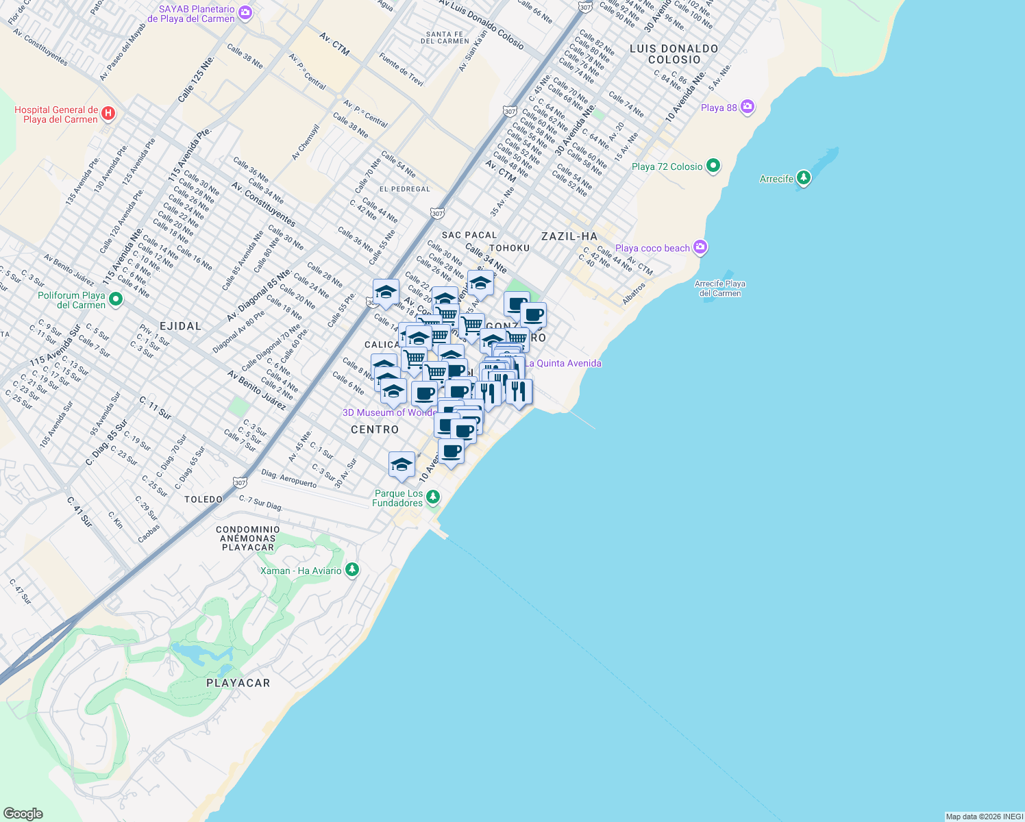 map of restaurants, bars, coffee shops, grocery stores, and more near Calle 1 Norte in Playa del Carmen