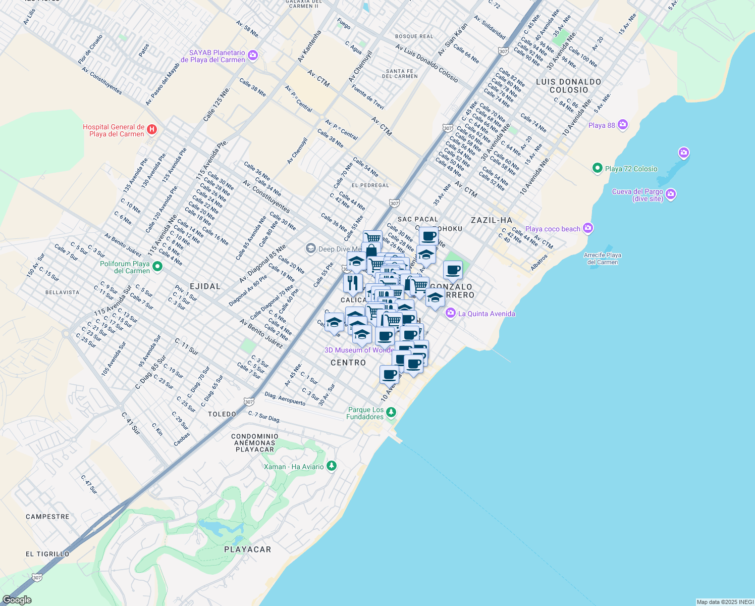 map of restaurants, bars, coffee shops, grocery stores, and more near 2 Calle 12 Norte Bis in Playa del Carmen
