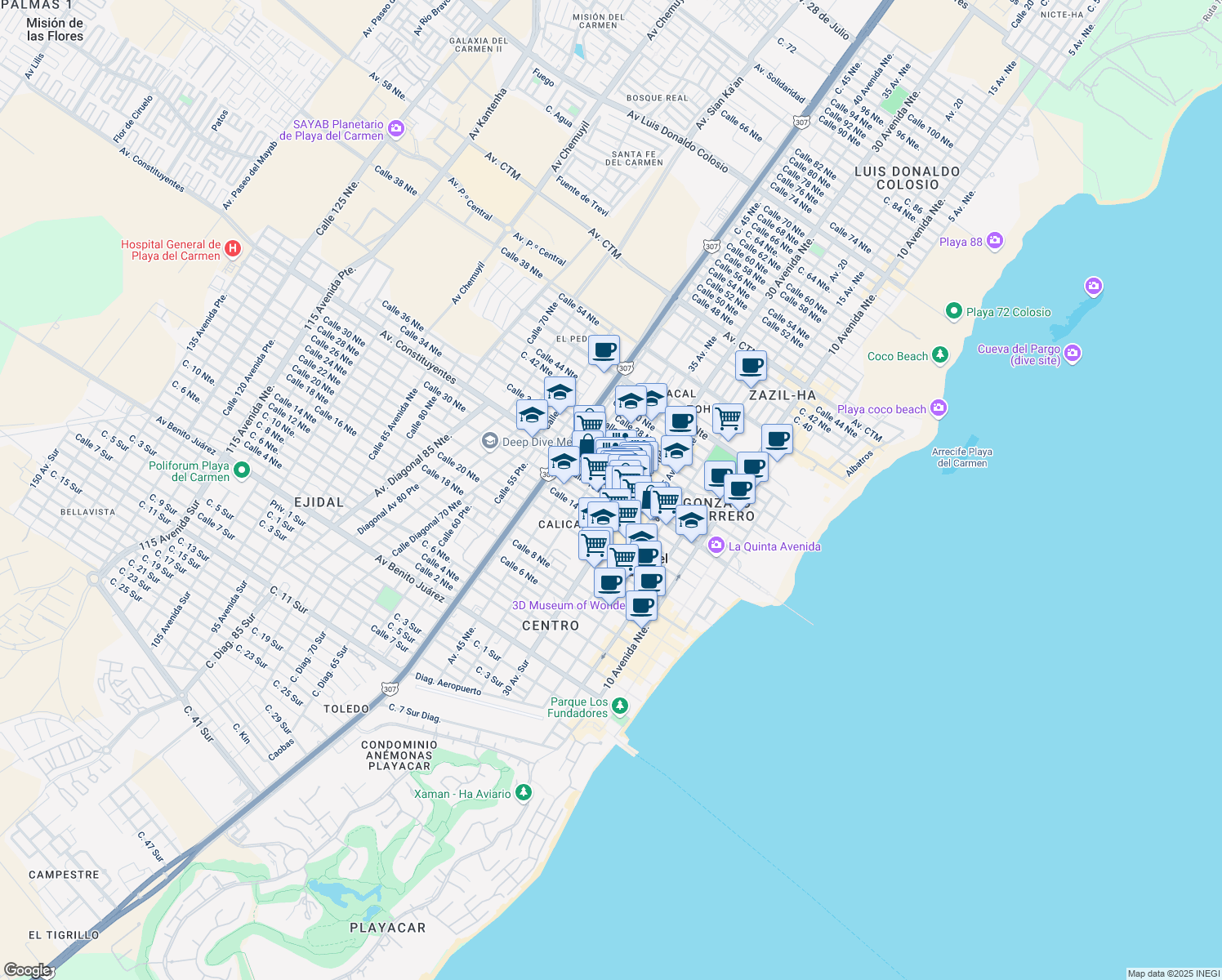 map of restaurants, bars, coffee shops, grocery stores, and more near in Playa del Carmen
