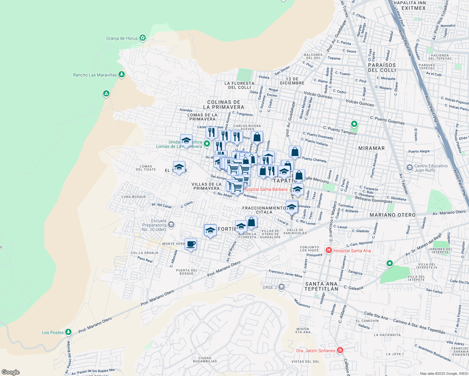 map of restaurants, bars, coffee shops, grocery stores, and more near 911 Central in Zapopan