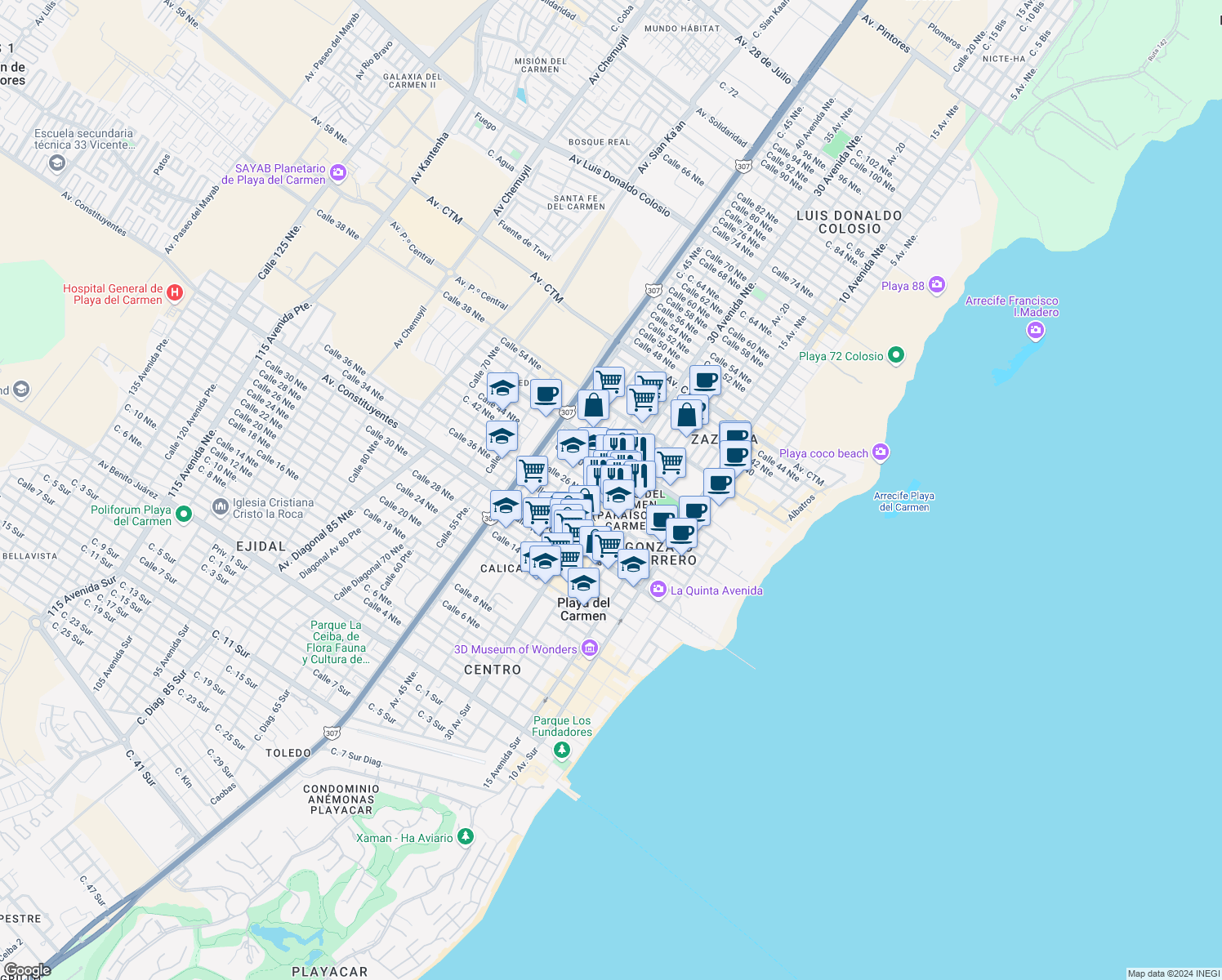 map of restaurants, bars, coffee shops, grocery stores, and more near MANZANA 39 30 Avenida Norte in Playa del Carmen