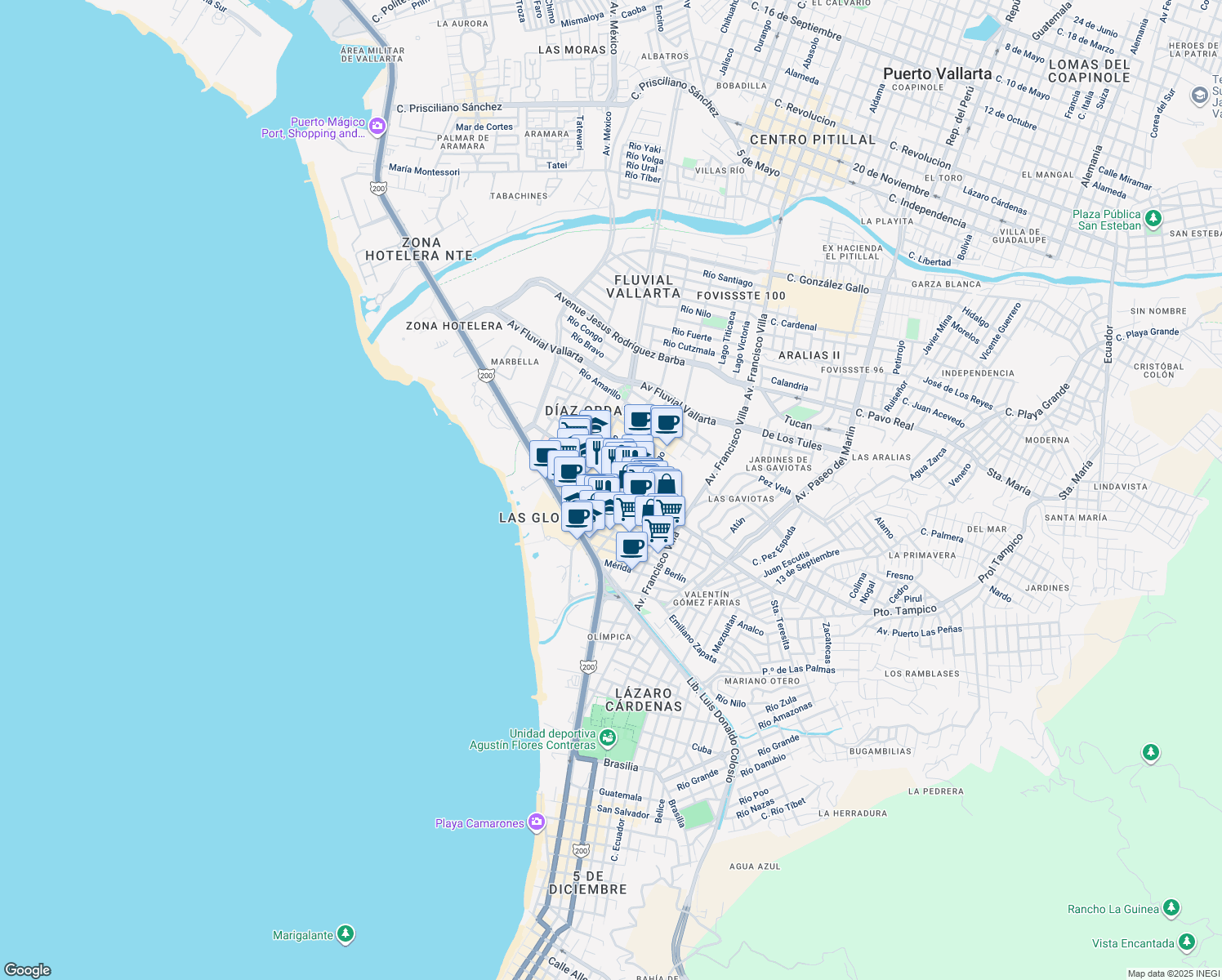 map of restaurants, bars, coffee shops, grocery stores, and more near in Puerto Vallarta